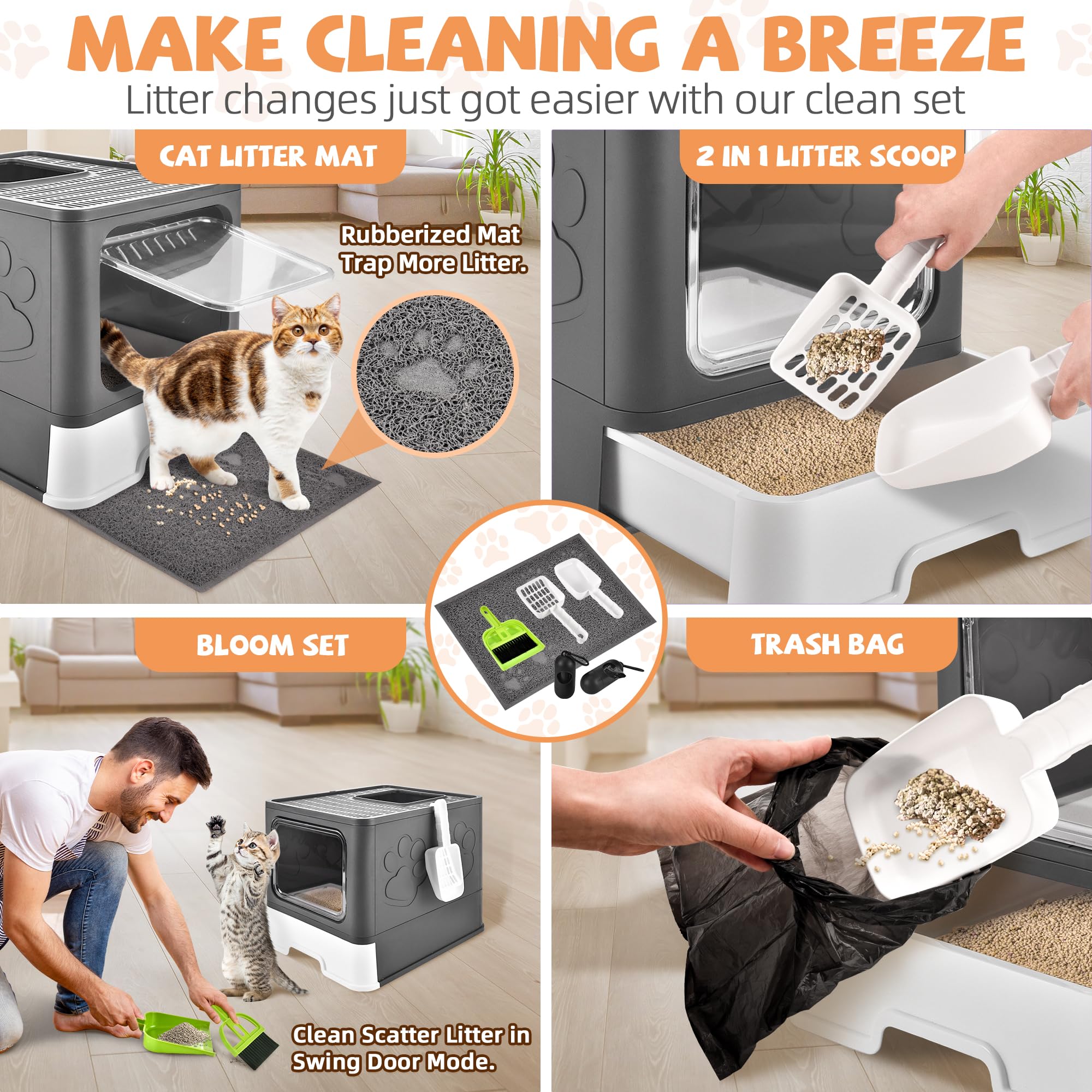 Homagico litter-box-cleaning-essentials facilitates quick cleanup with included tools.