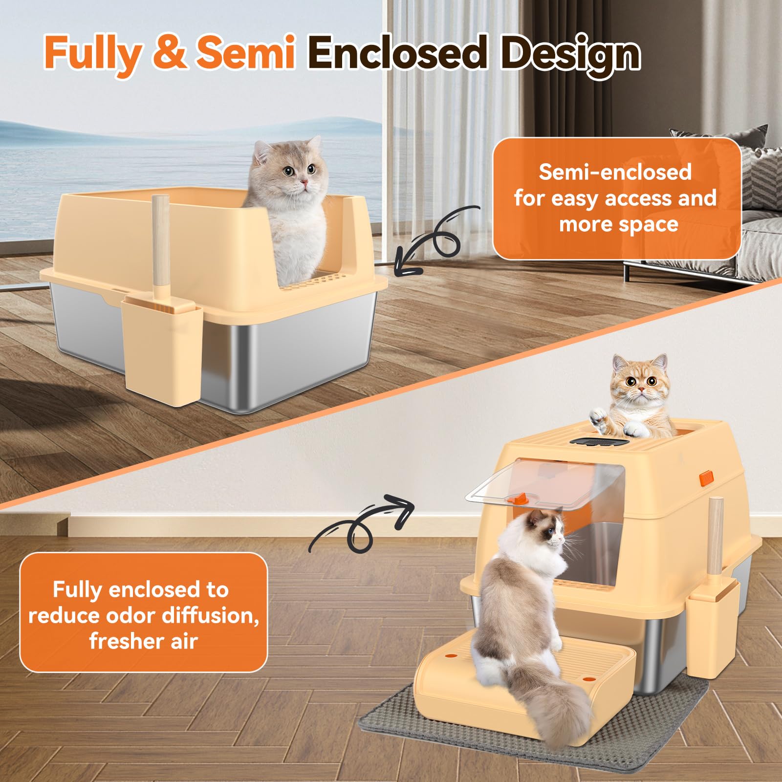 HOMAGICO fully/semi enclosed litter box shows privacy and airflow options.