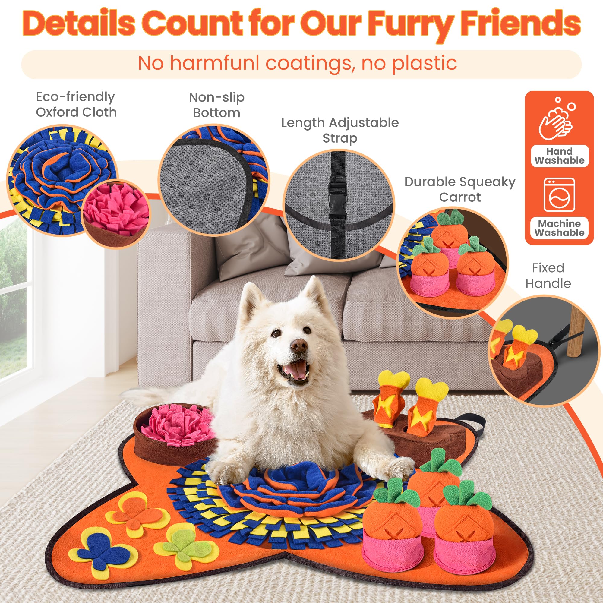 HOMAGICO Snuffle Mat 32x20 with squeaky carrot toys enhances interactive play rewards.