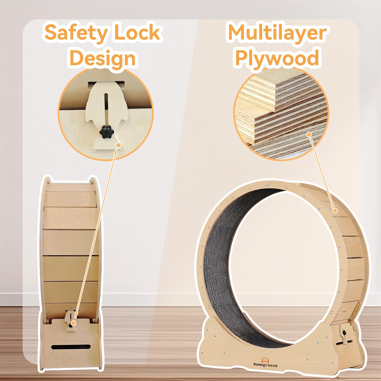 Homegroove cat wheel detachable carpet provides comfortable grip during runs.