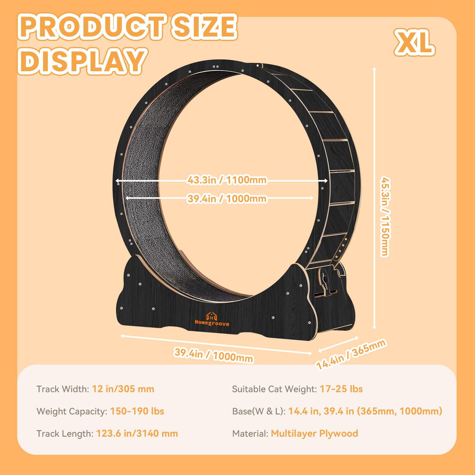 Homegroove Cat Wheels 46inch sturdy base image shows stable platform for larger cats.