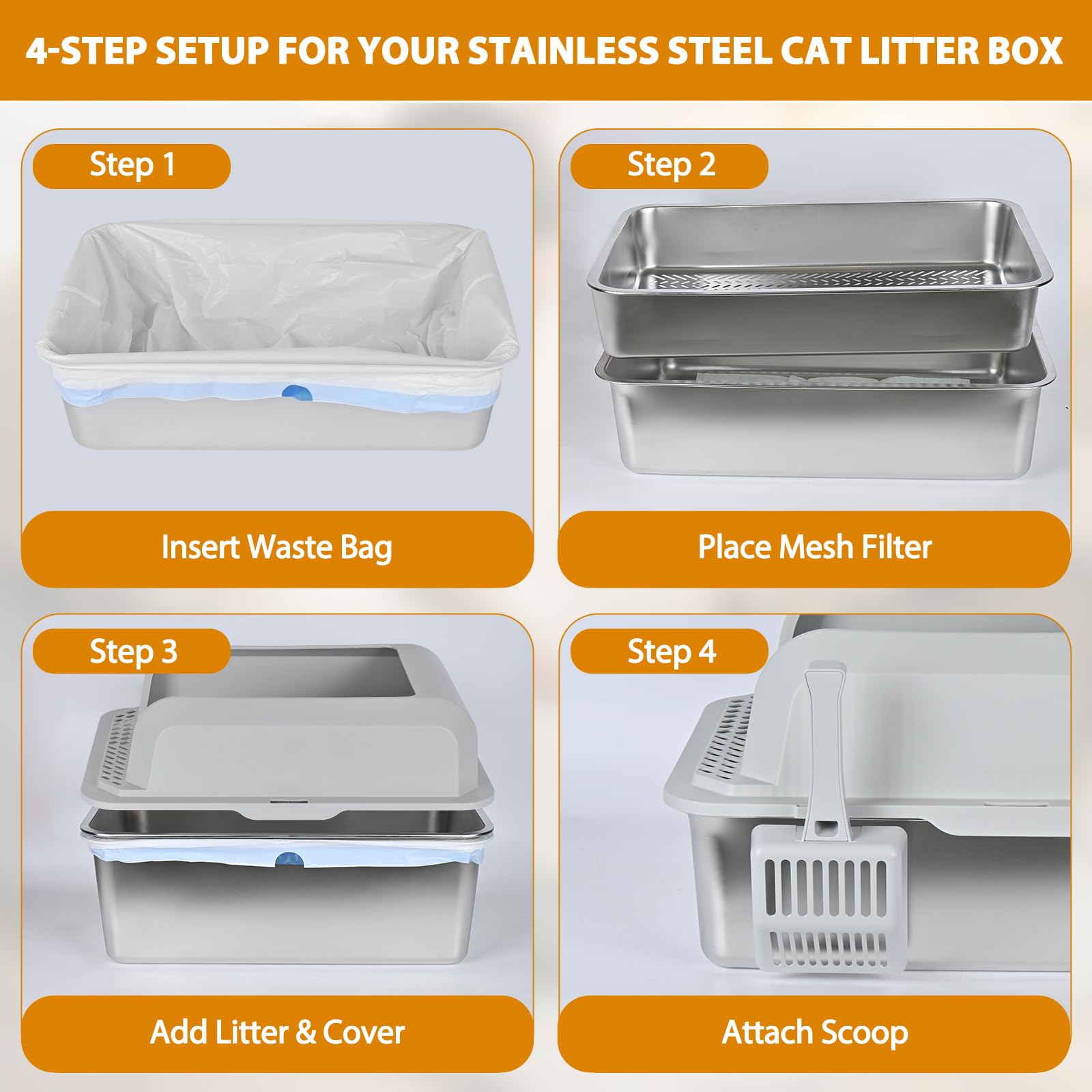 Homegroove includes scoop, urine pads, bags, and non-slip pads for quick setup.