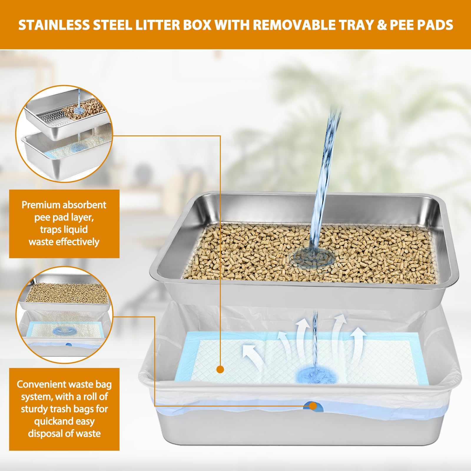 Homegroove stainless steel litter box with rounded edges for safe handling and easy cleaning.