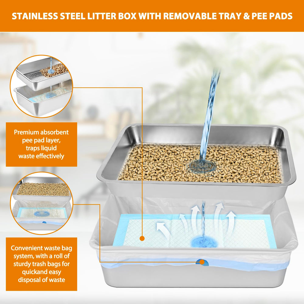 Homegroove stainless steel litter box with rounded edges for safe handling and easy cleaning.