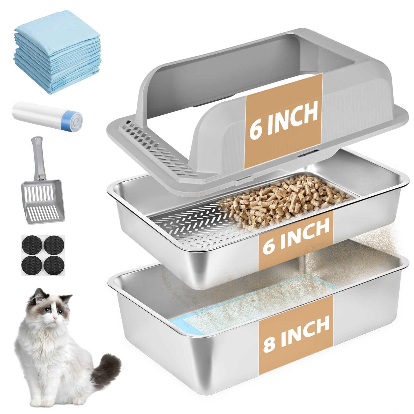 Homegroove stainless steel sifting litter box top view shows pine pellets ready for waste separation.