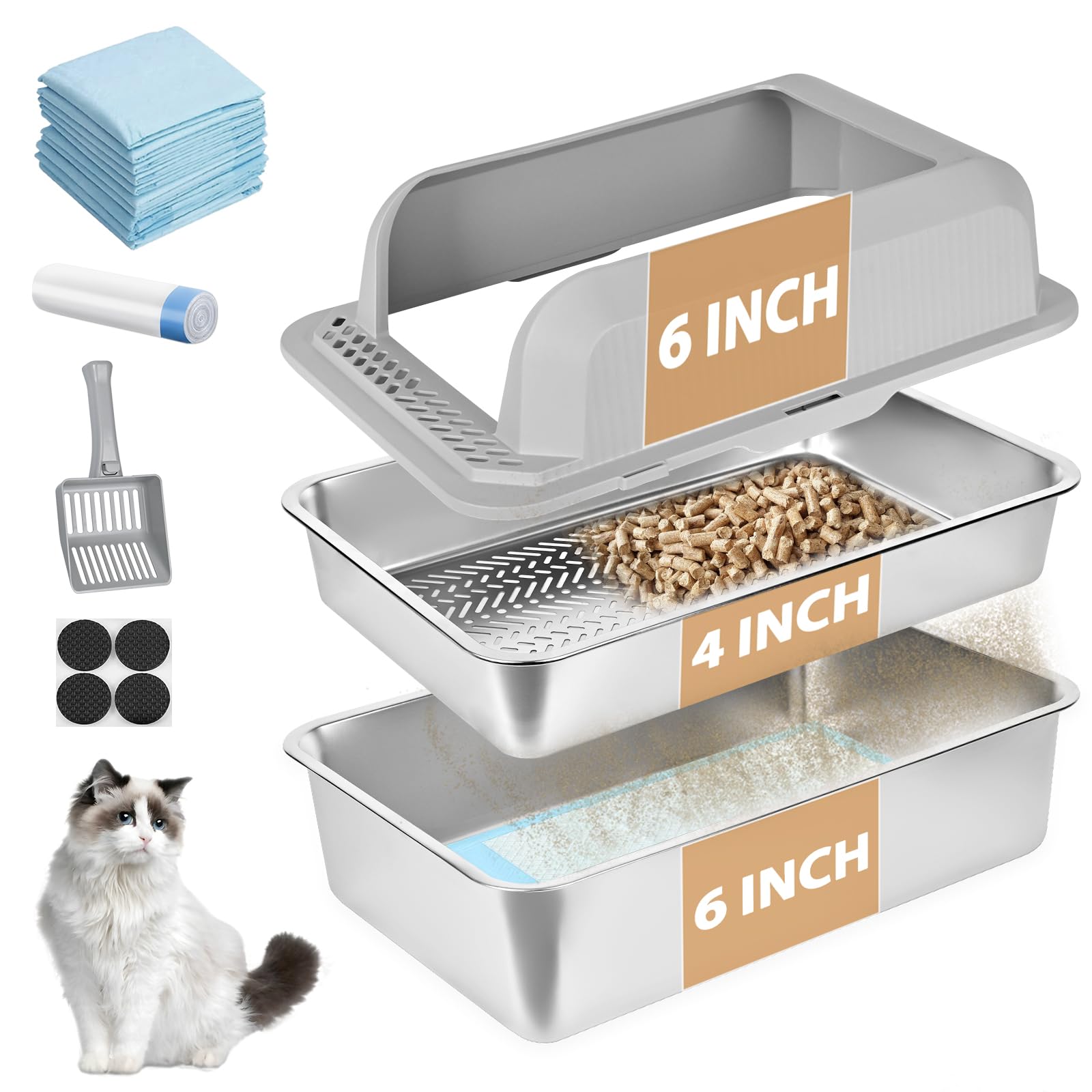 Homegroove stainless steel sifting litter box shown full for pine pellets and easy cleaning