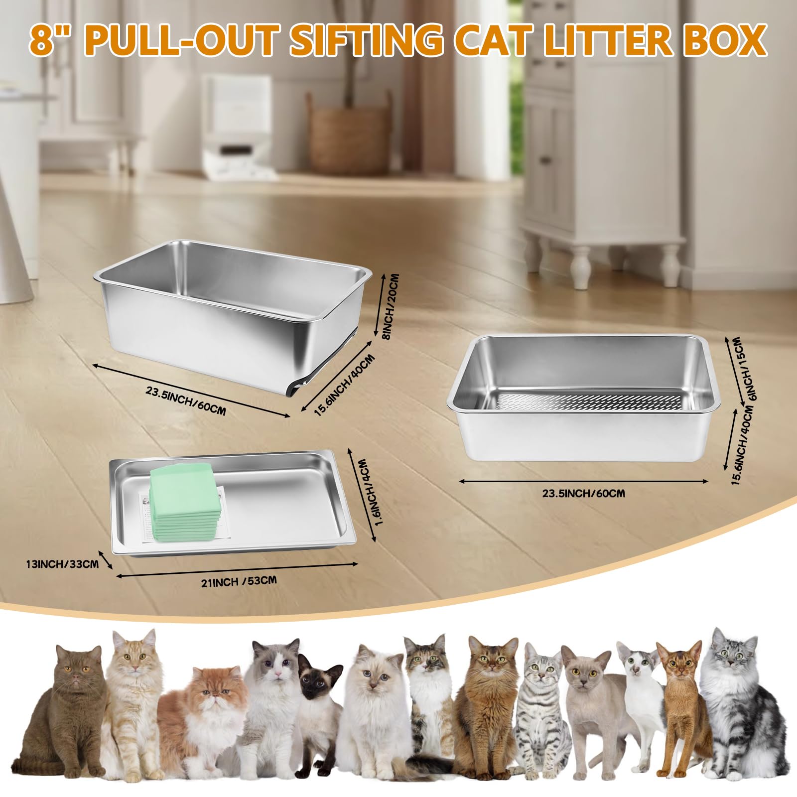 homegroove stainless steel sifting litter box side profile highlights high sides for mess containment