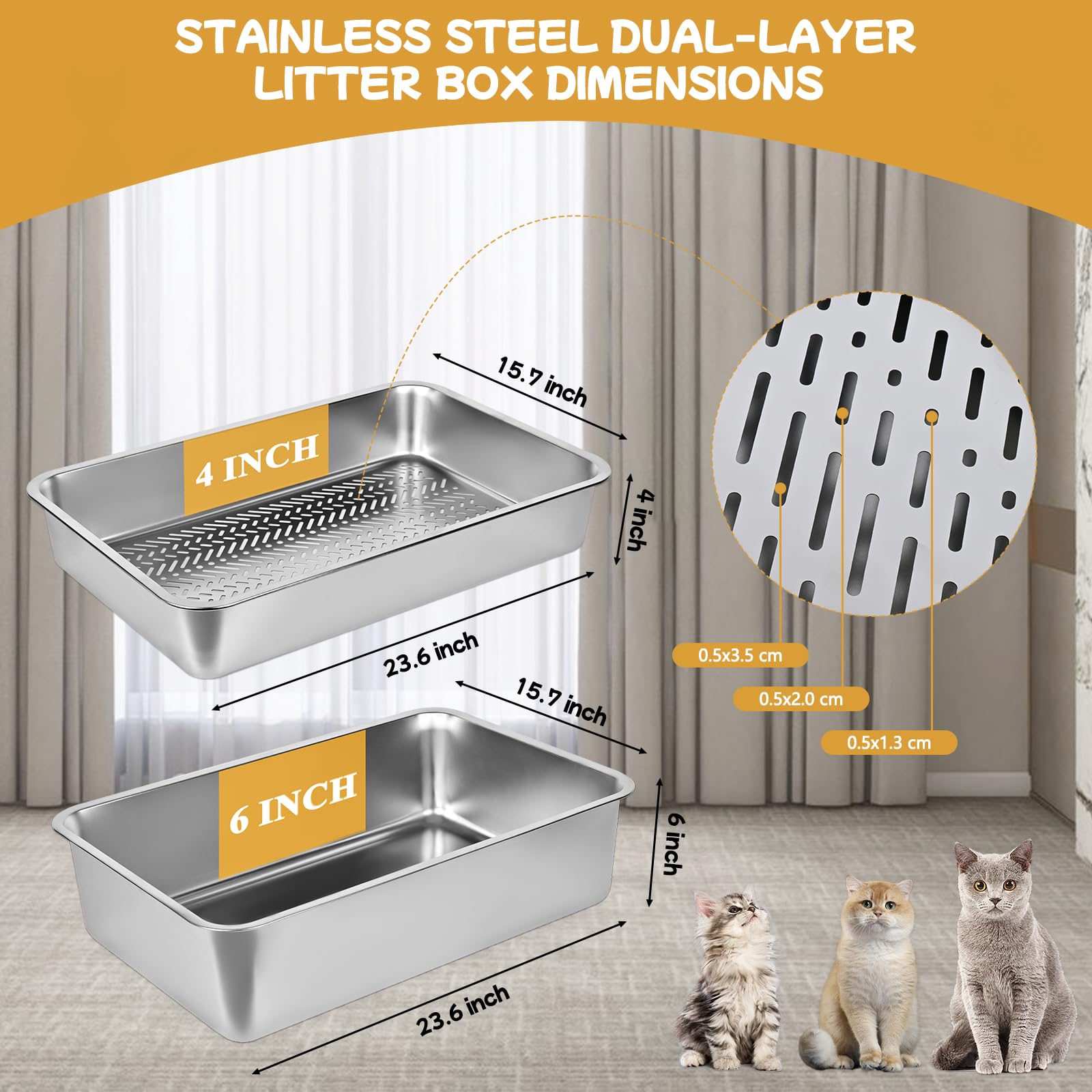 Homegroove stainless steel sifting litter box side view shows tall 6-inch walls reducing scatter