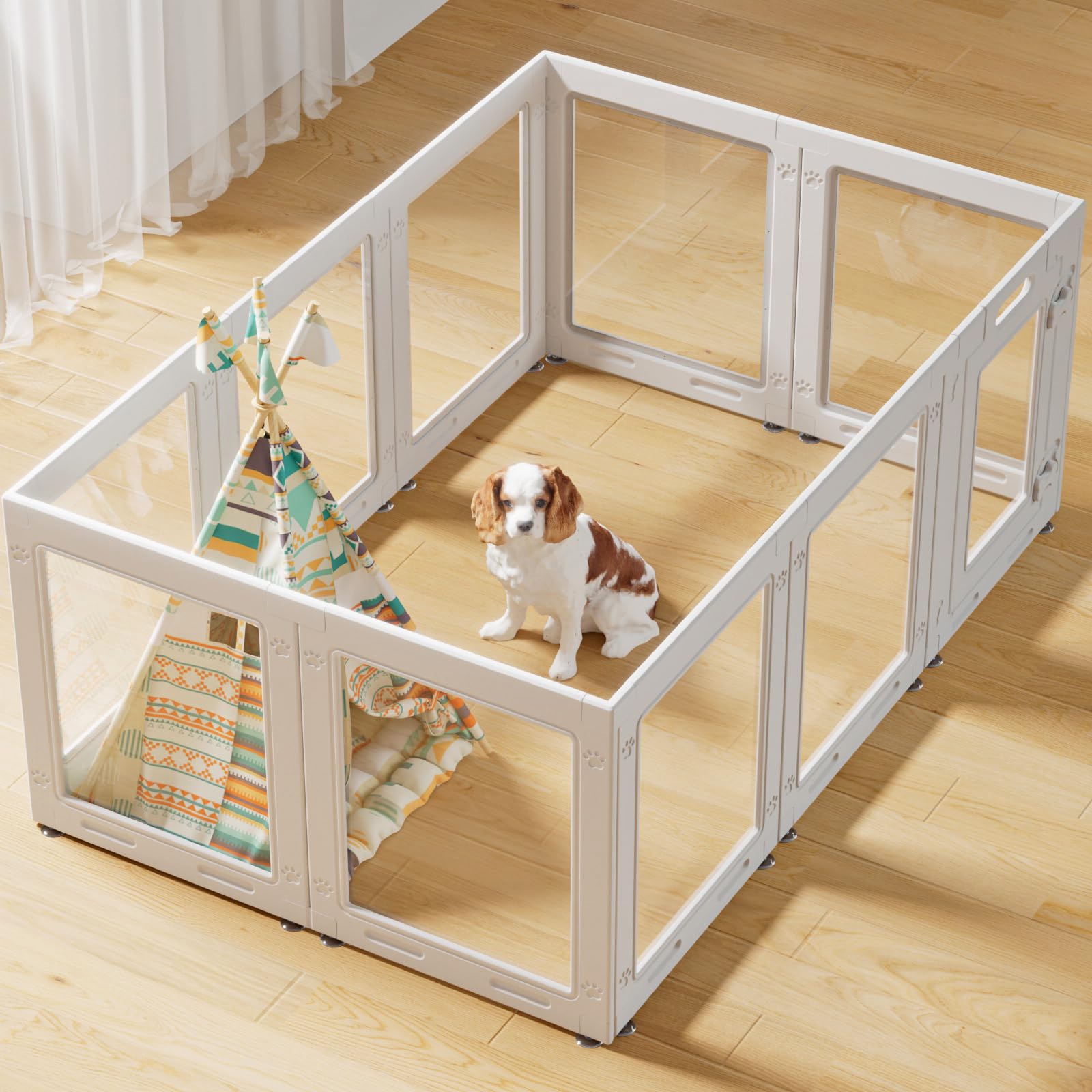 Homelio clear acrylic dog playpen door offers crystal visibility for safer supervised play.