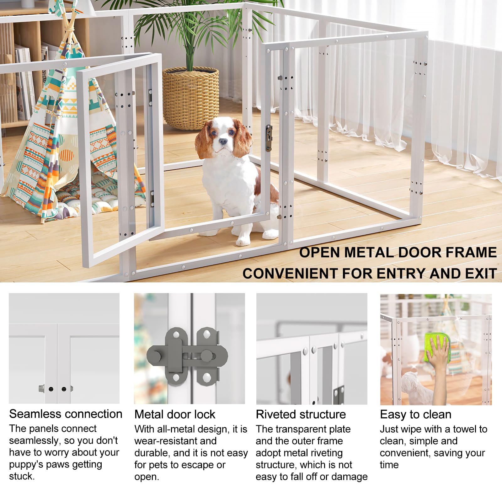 Homelio clear pet playpen assembly step—quick five-minute setup.
