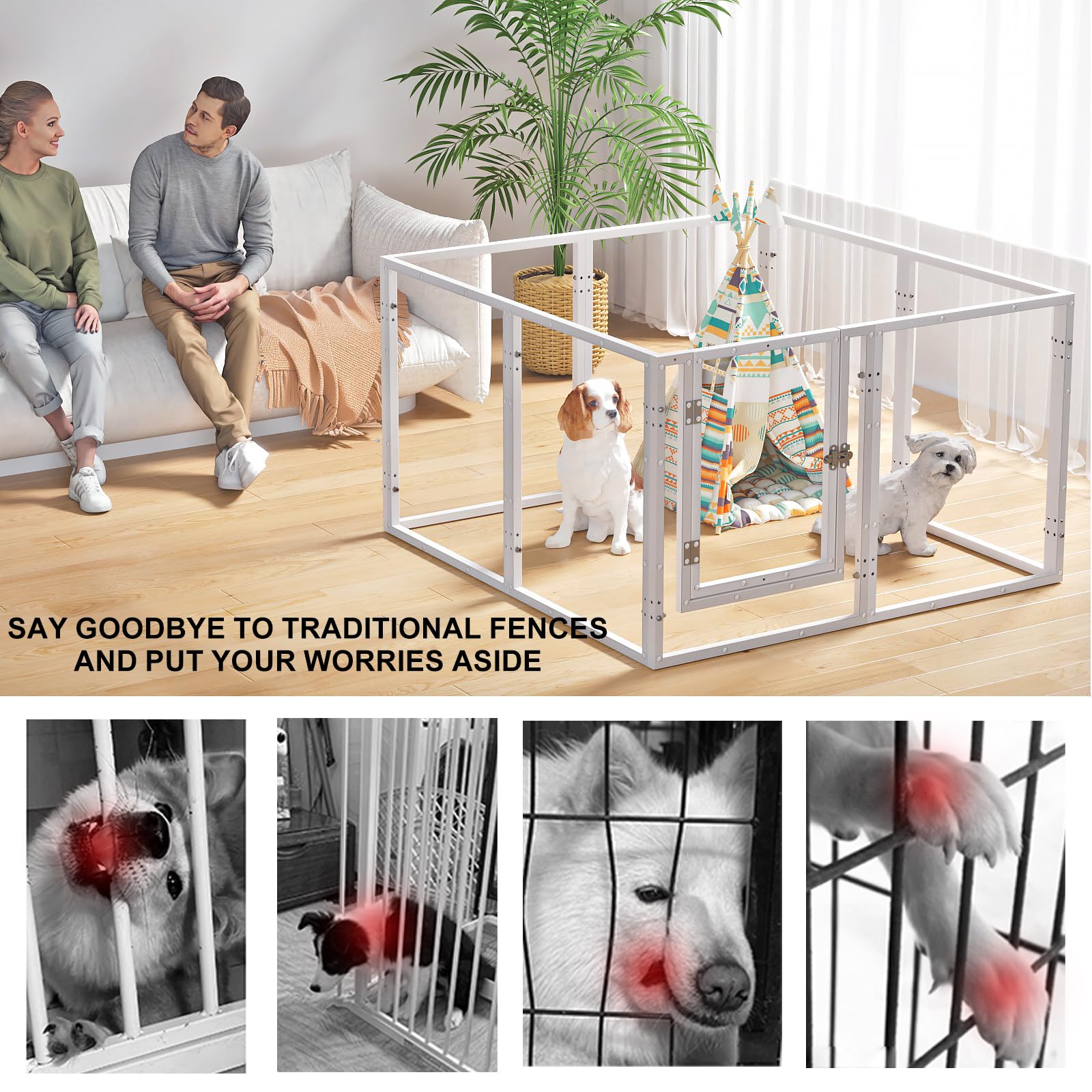 Homelio clear pet playpen in-use with small dog—visible space promotes supervision.