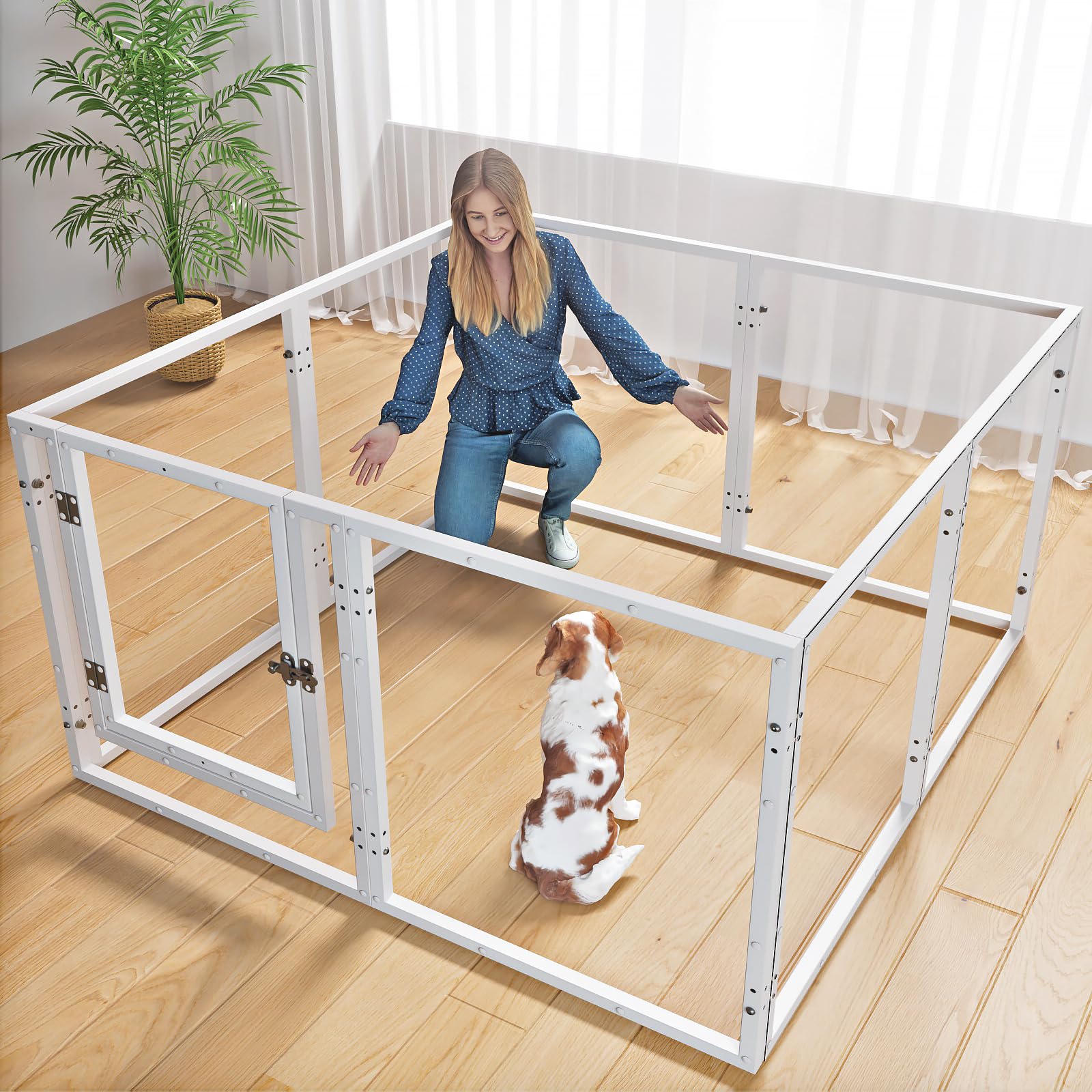 Homelio clear pet playpen front view—transparent panels for easy supervision.