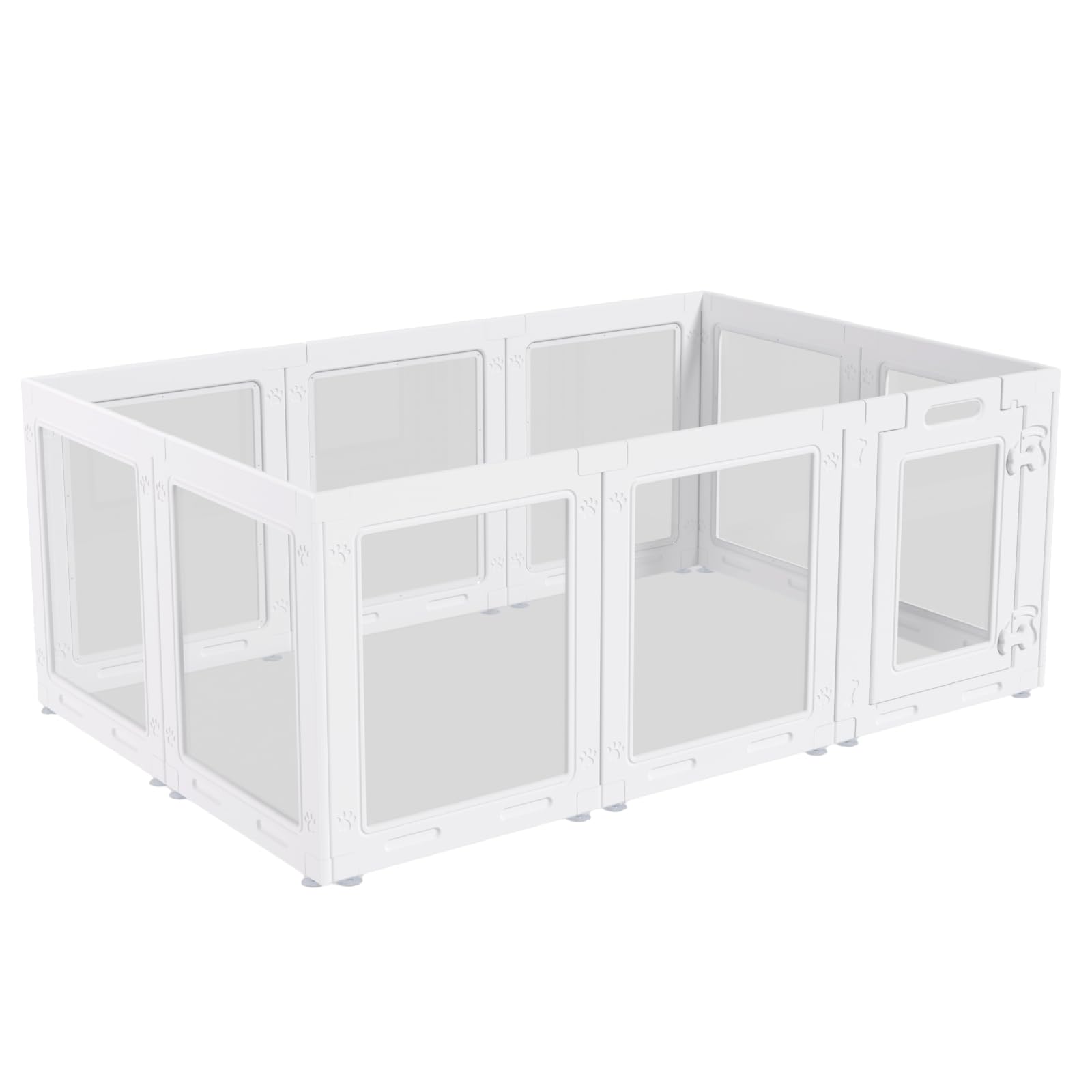 Homelio indoor white dog playpen emphasizes unobtrusive design and visibility for indoor setups.
