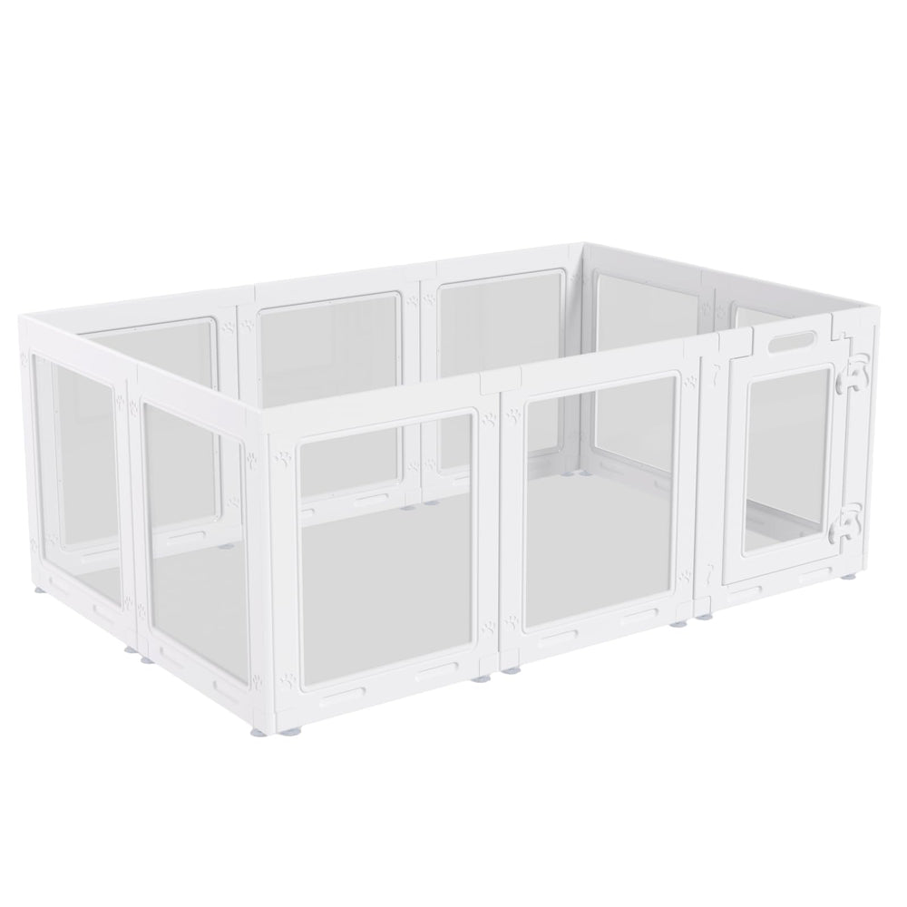 Homelio indoor white dog playpen emphasizes unobtrusive design and visibility for indoor setups.