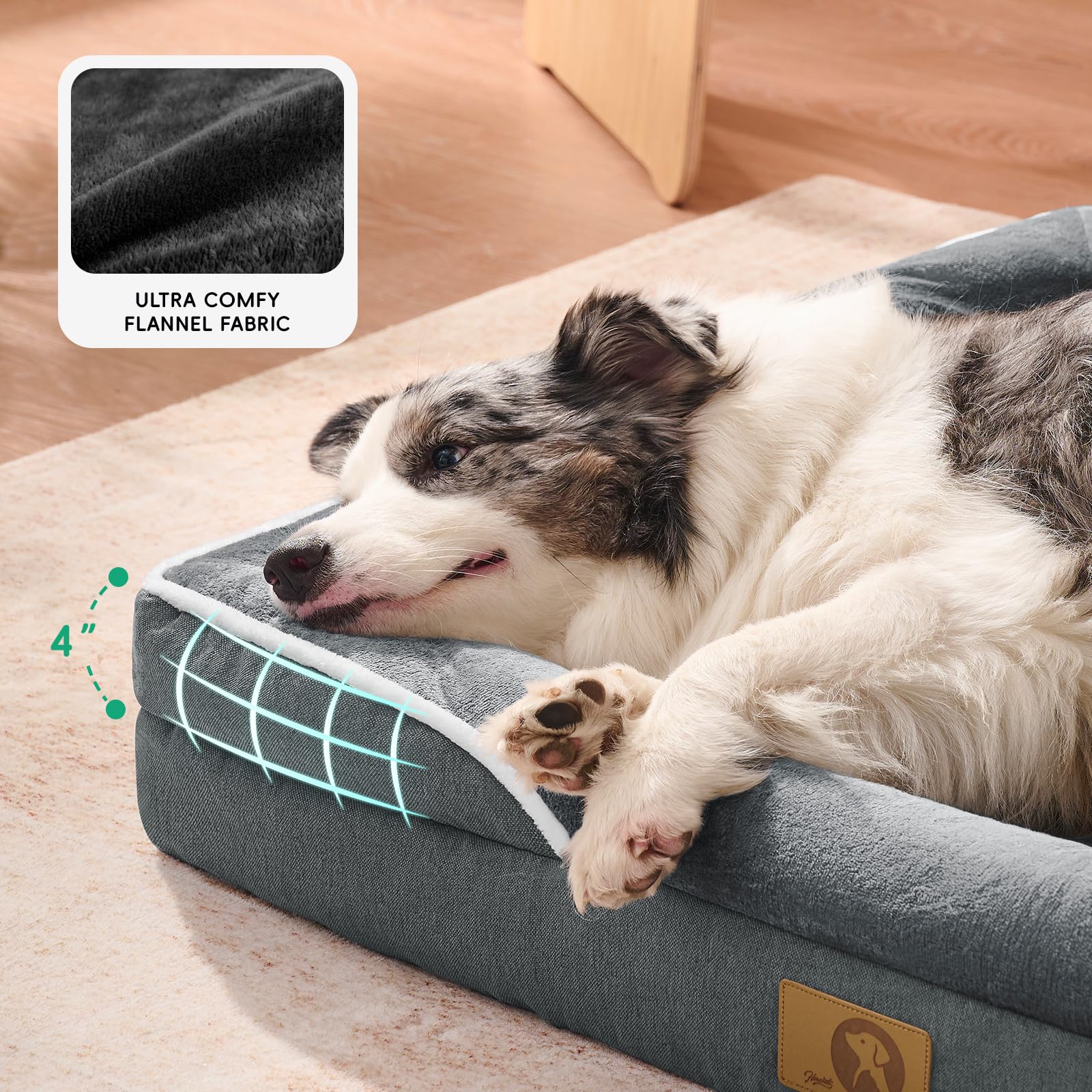 Homemate dog bed lowered-entry design eases pet entry and exit.
