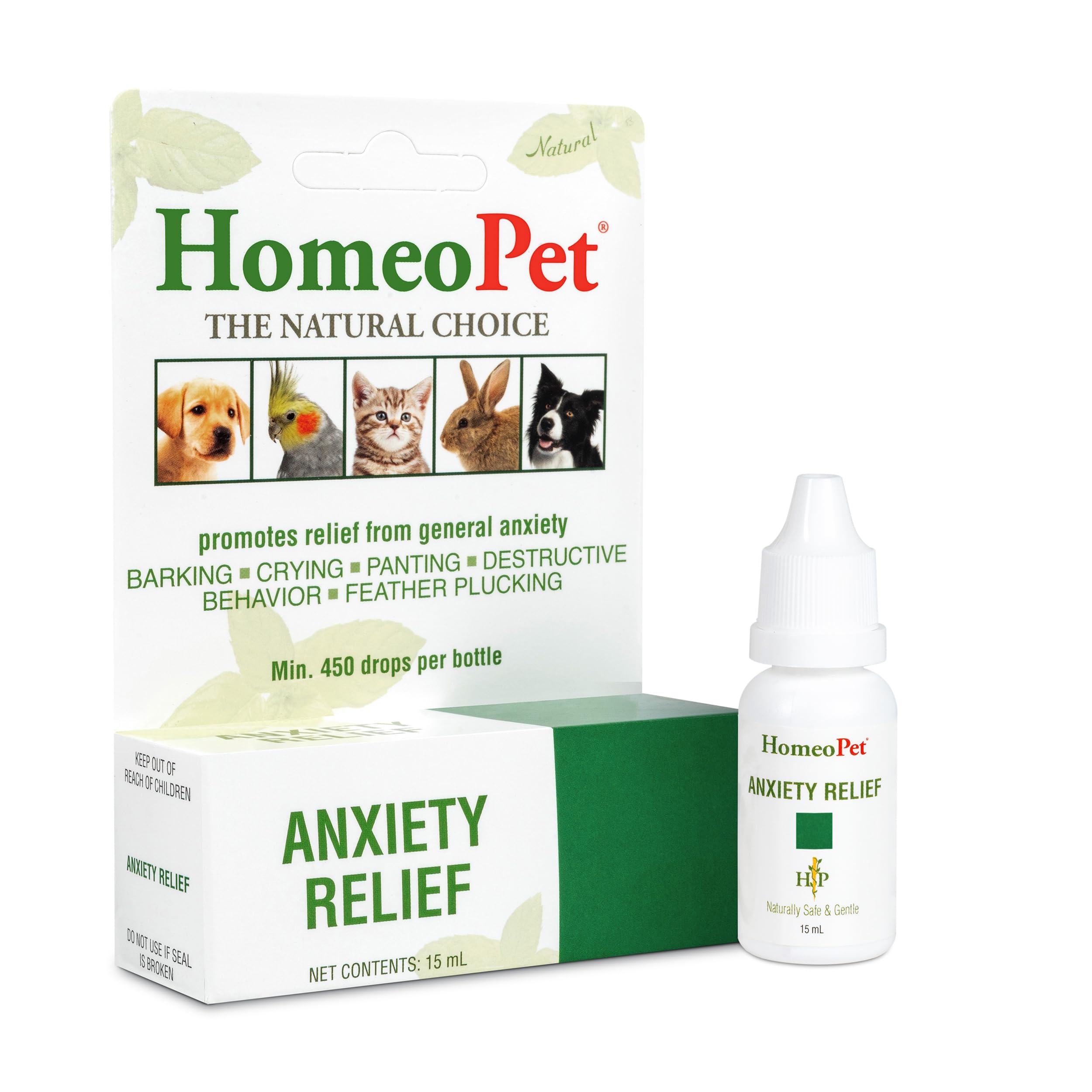 HomeoPet Anxiety Relief bottle closeup showing natural calming support for anxious dogs and cats.