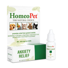 HomeoPet Anxiety Relief bottle closeup showing natural calming support for anxious dogs and cats.