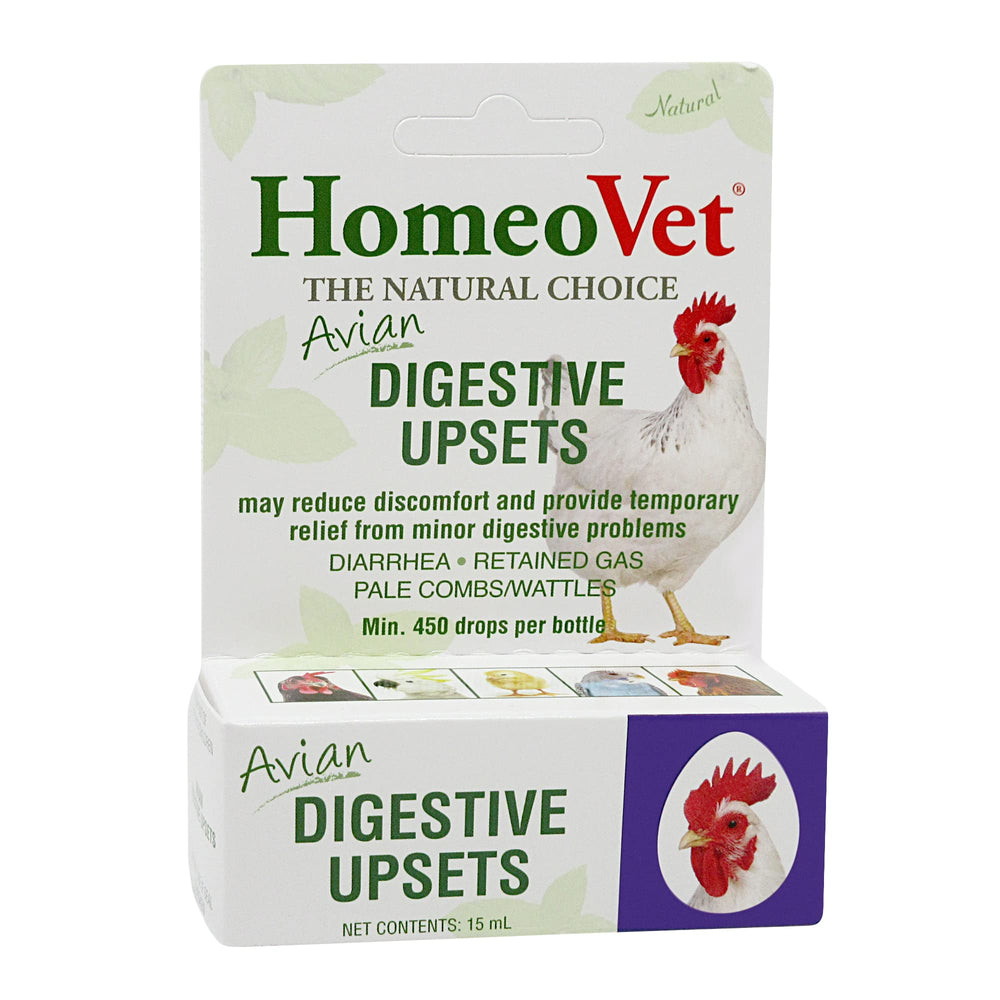 HomeoPet Avian Digestive Upsets bottle signaling gentle digestive support for birds.