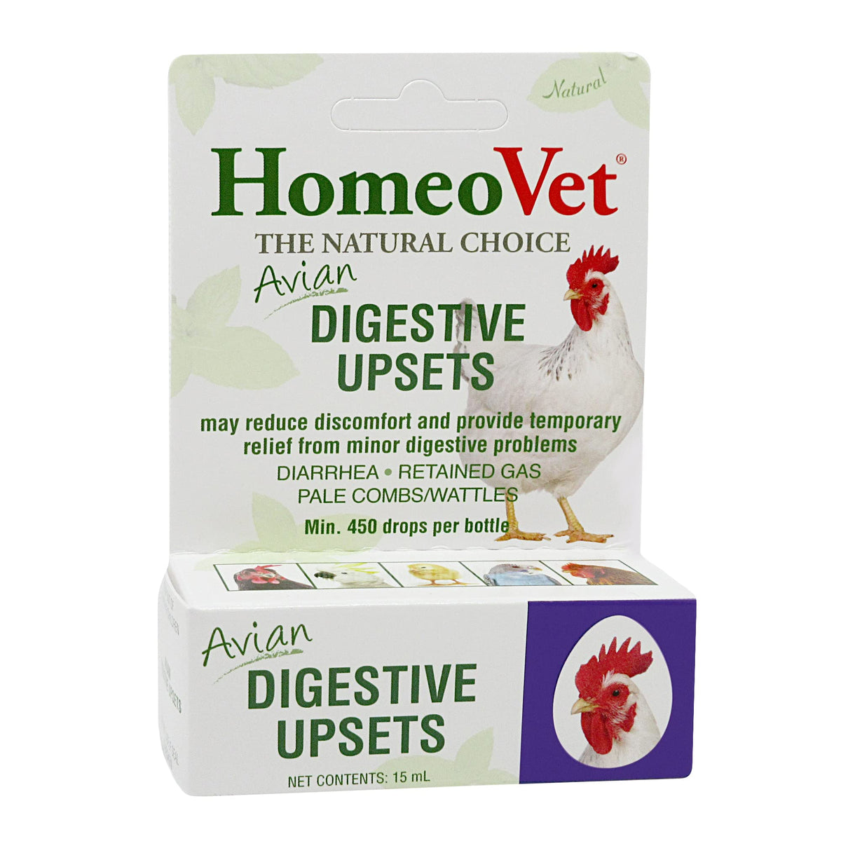 HomeoPet Avian Digestive Upsets bottle signaling gentle digestive support for birds.