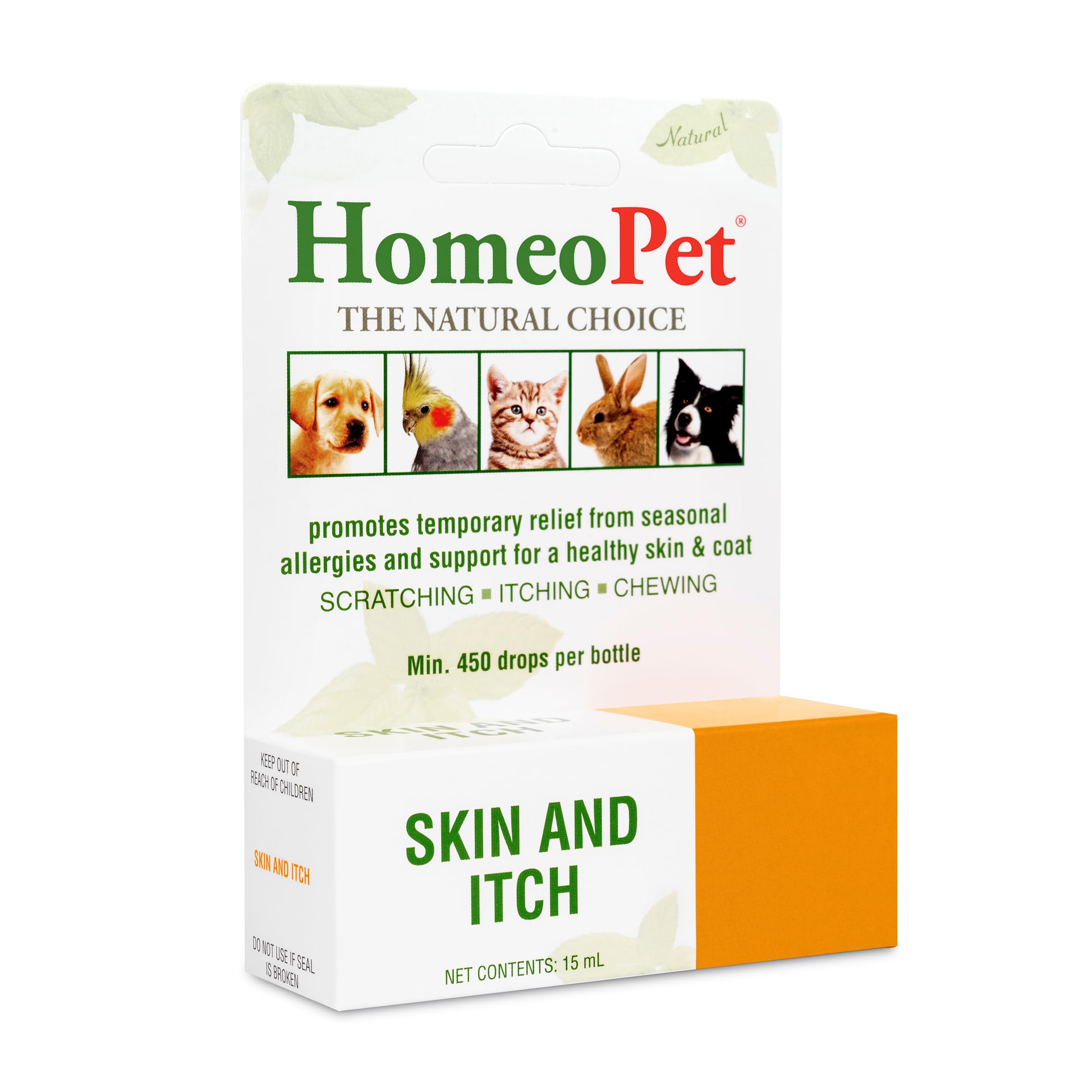 HomeoPet Skin and Itch label close-up explains ingredients and benefits.