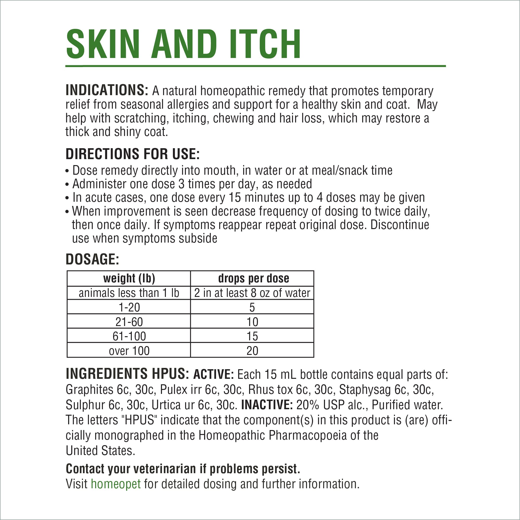 HomeoPet Skin and Itch packaging display shows size and directions.