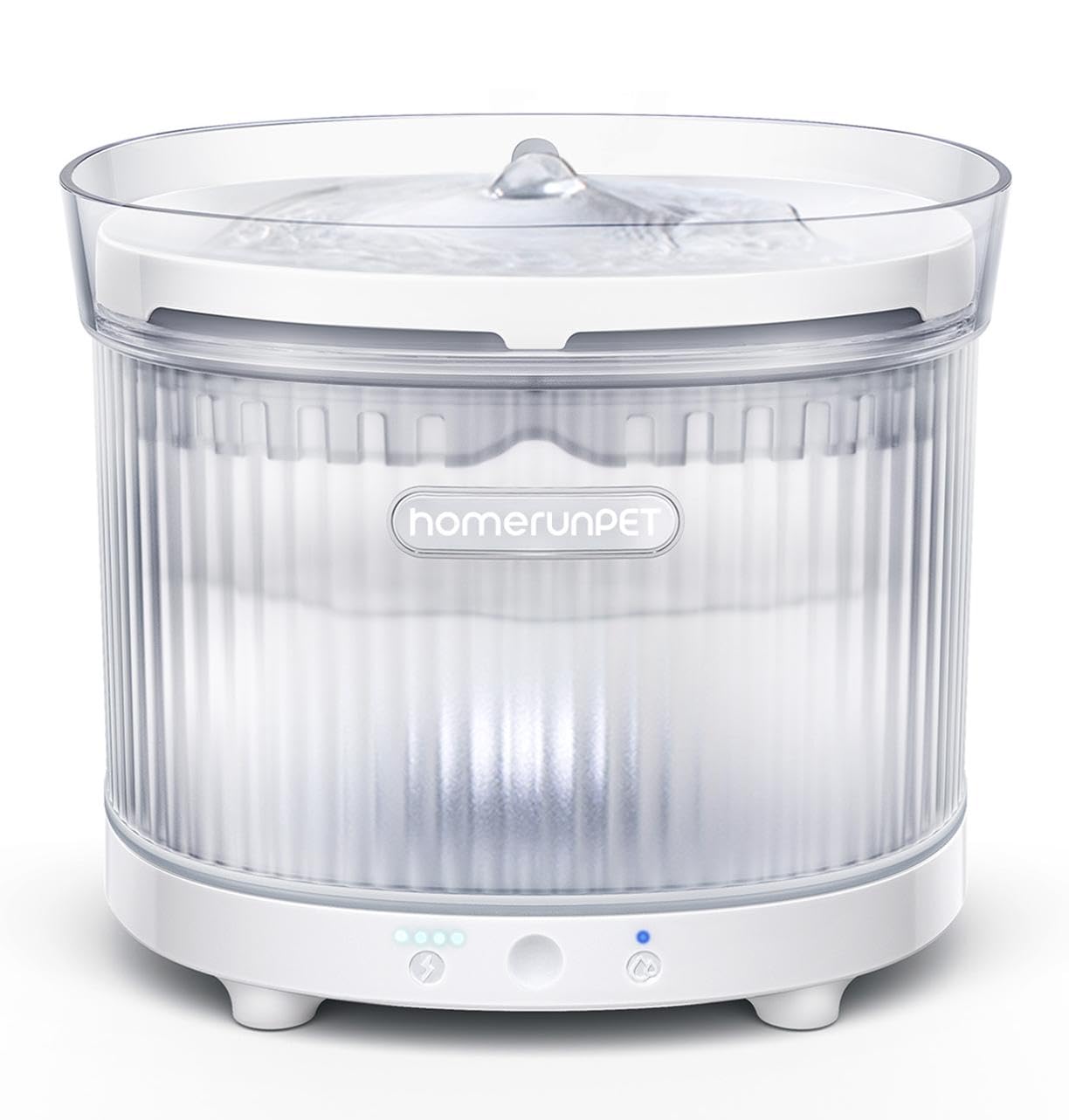 HomeRunPet cordless cat water fountain front view highlights sleek white design for easy, hygienic hydration.