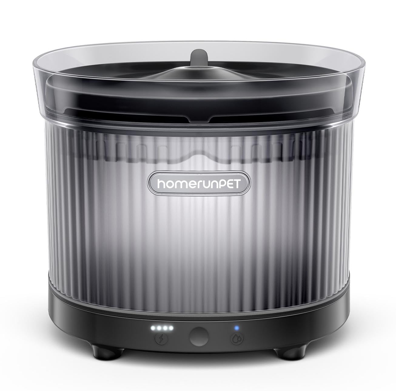 HomeRunPet cordless cat water fountain front view, compact black design supports flexible placement.
