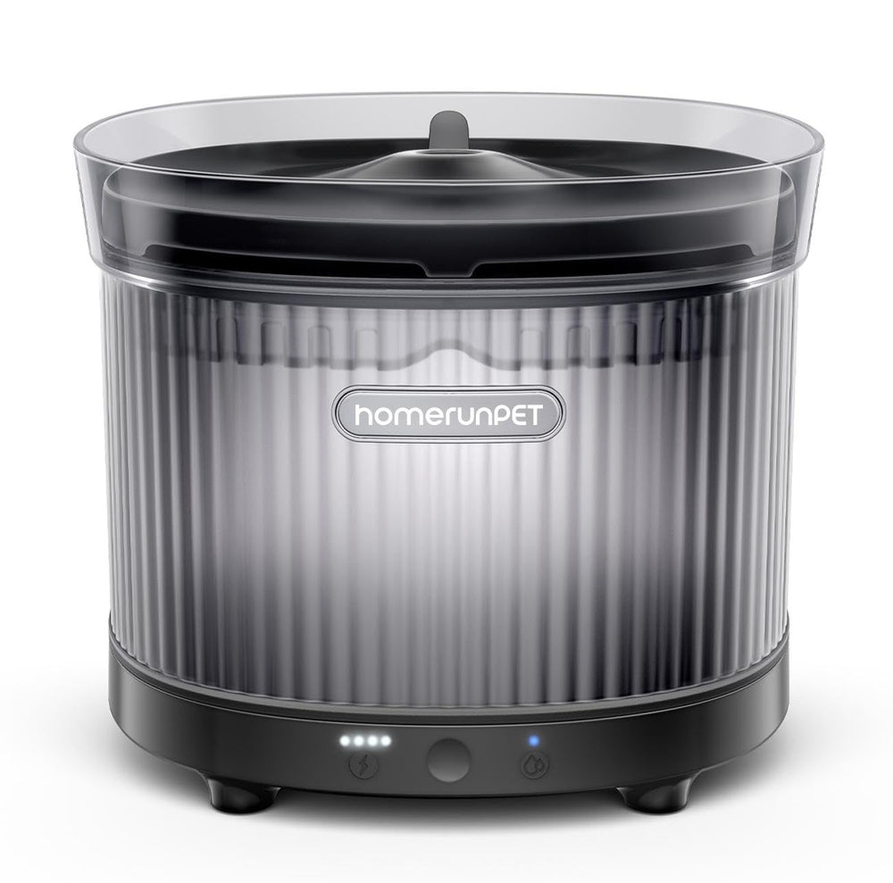 HomeRunPet cordless cat water fountain front view, compact black design supports flexible placement.