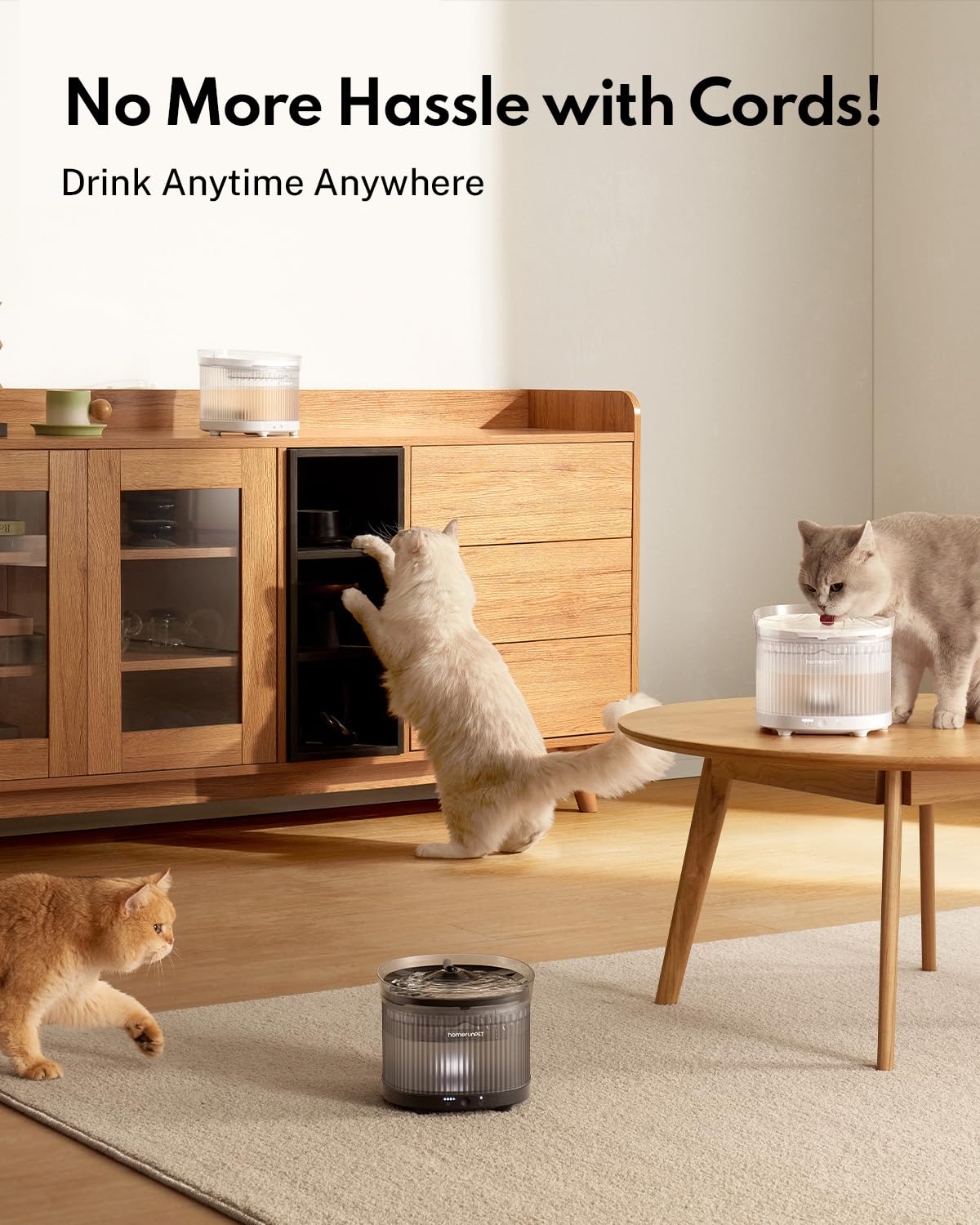 HomeRunPet cordless cat water fountain side view demonstrates portable placement for balconies or patios.