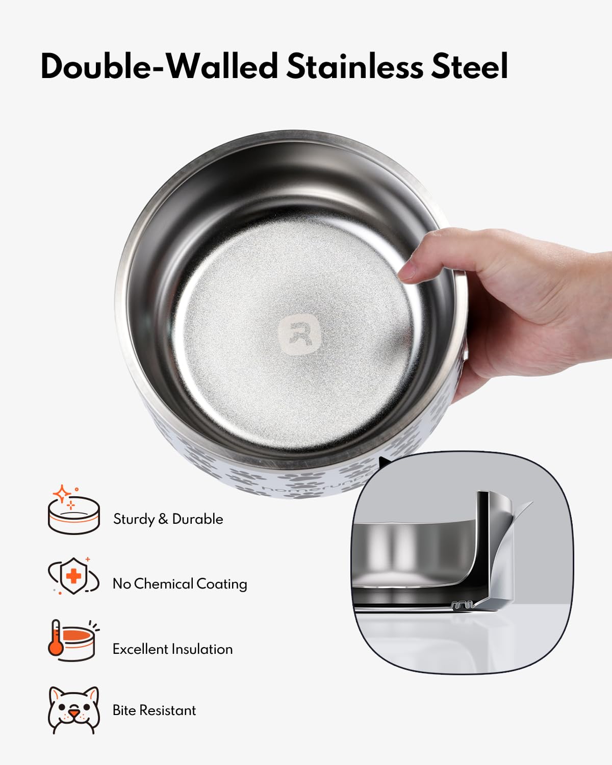 HomeRunPet double-wall stainless dog bowl for durability and temperature control.