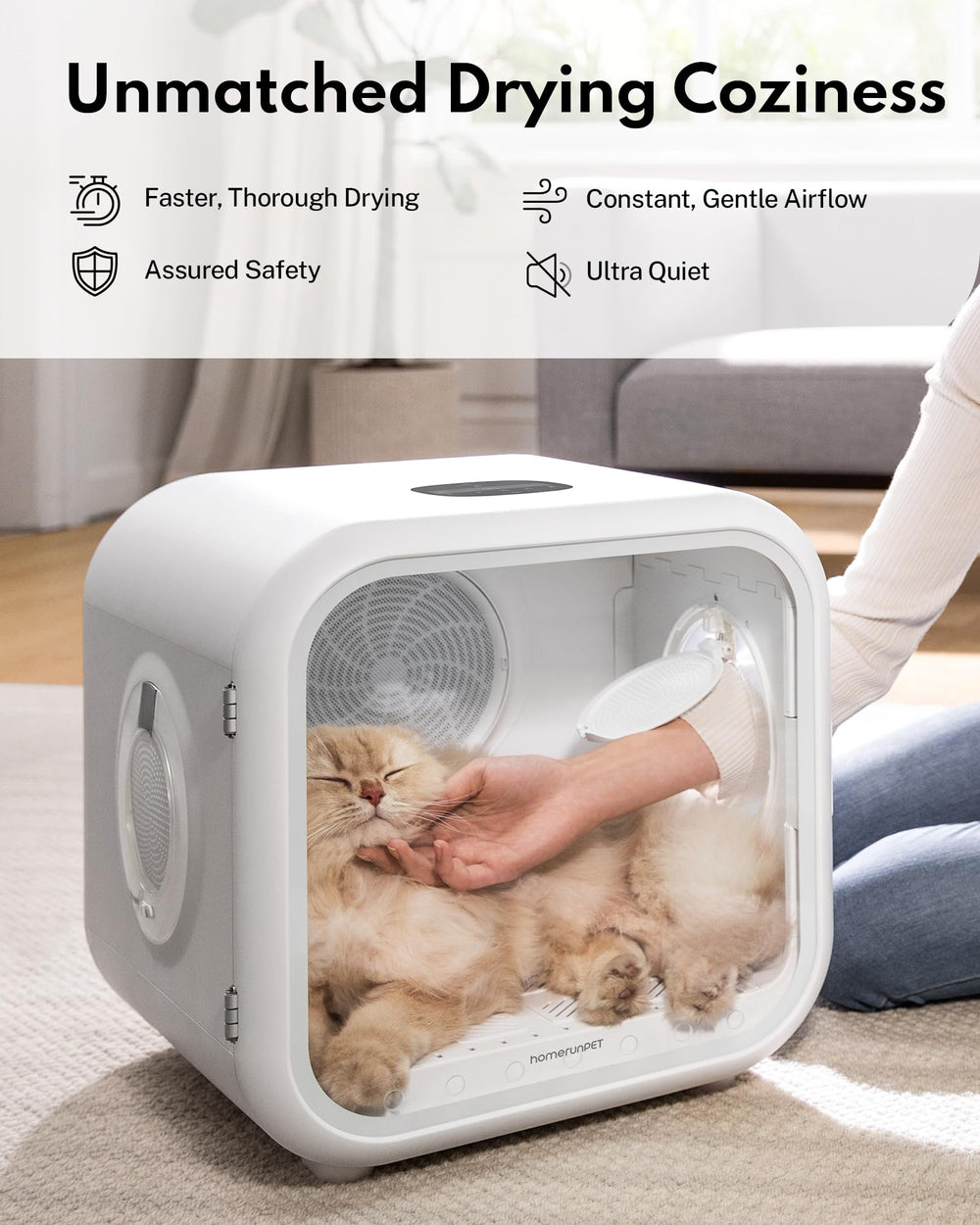 HomeRunPet Dryer interior with a pet inside for uniform drying results