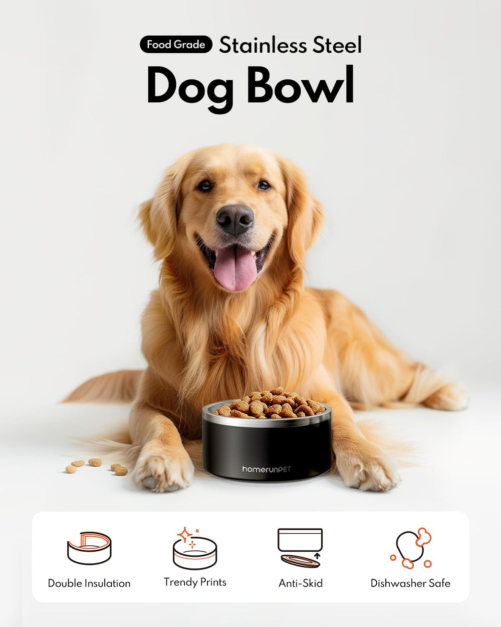 Homerunpet bowl with non-slip base prevents spills during meals.