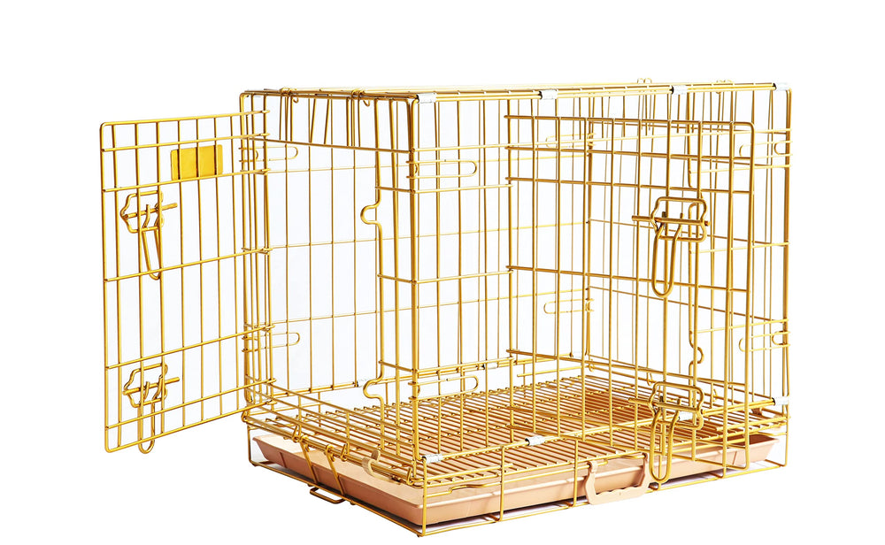 Homey Pet 24in gold folding dog crate for travel and space-saving storage.