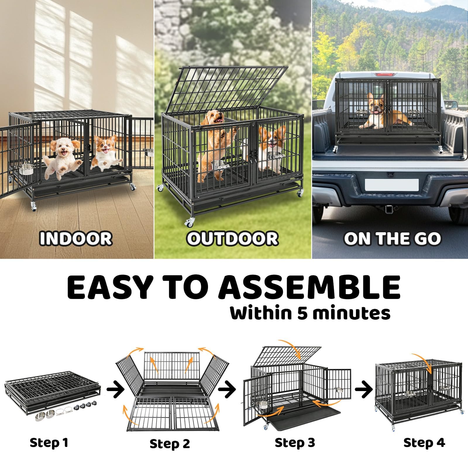 Homey Pet 43 Inch Dog Crate divider bowls simplify feeding in one station