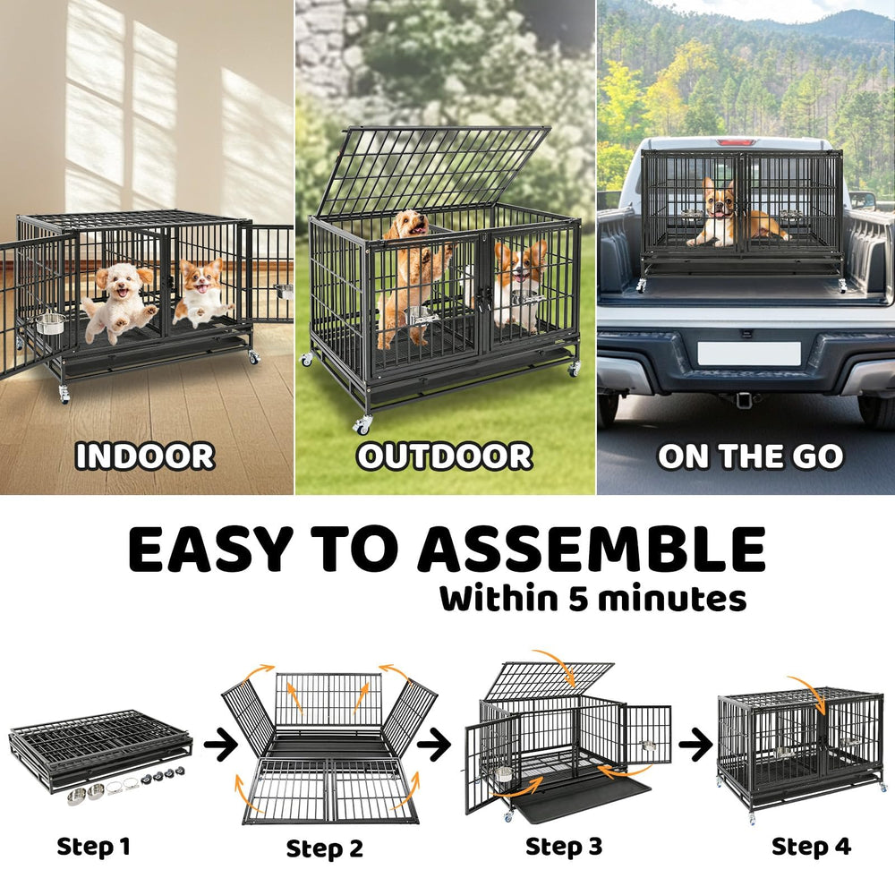 Homey Pet 43 Inch Dog Crate divider bowls simplify feeding in one station