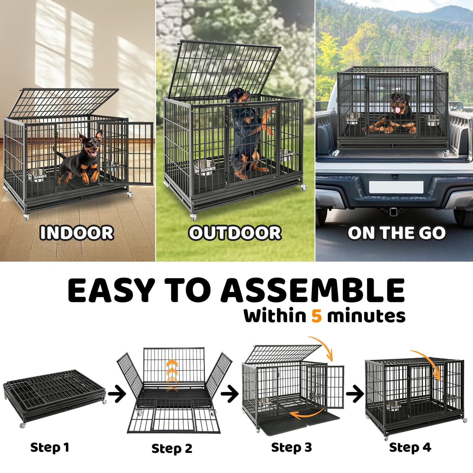 Homey Pet 48in crate steel frame delivers durable containment for big breeds.
