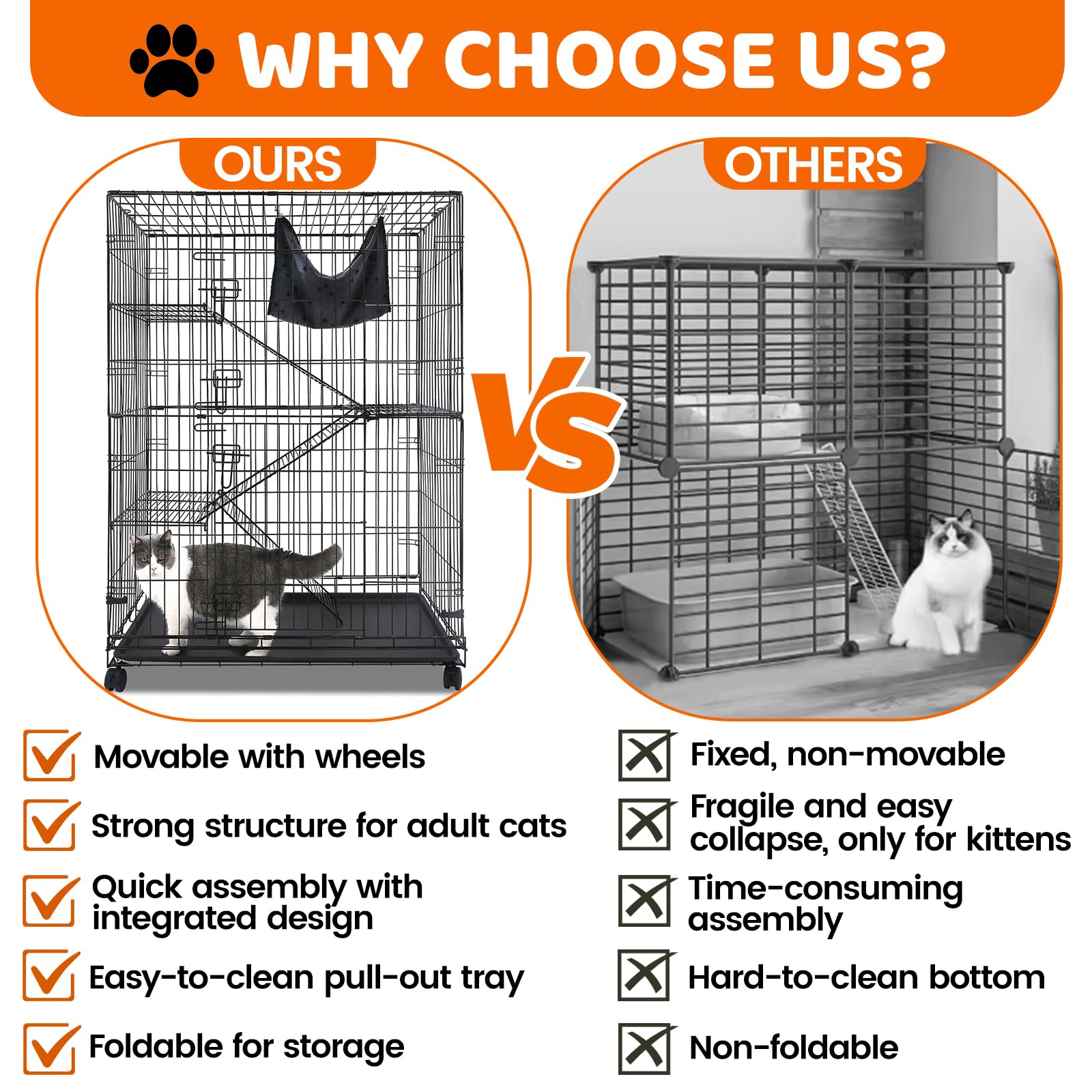 Homey Pet 50-inch cat cage drawer-tray image emphasizes front pull-out tray for quick cleanup.