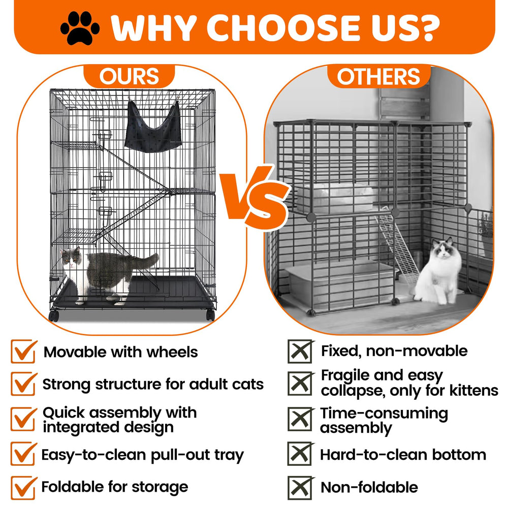 Homey Pet 50-inch cat cage drawer-tray image emphasizes front pull-out tray for quick cleanup.