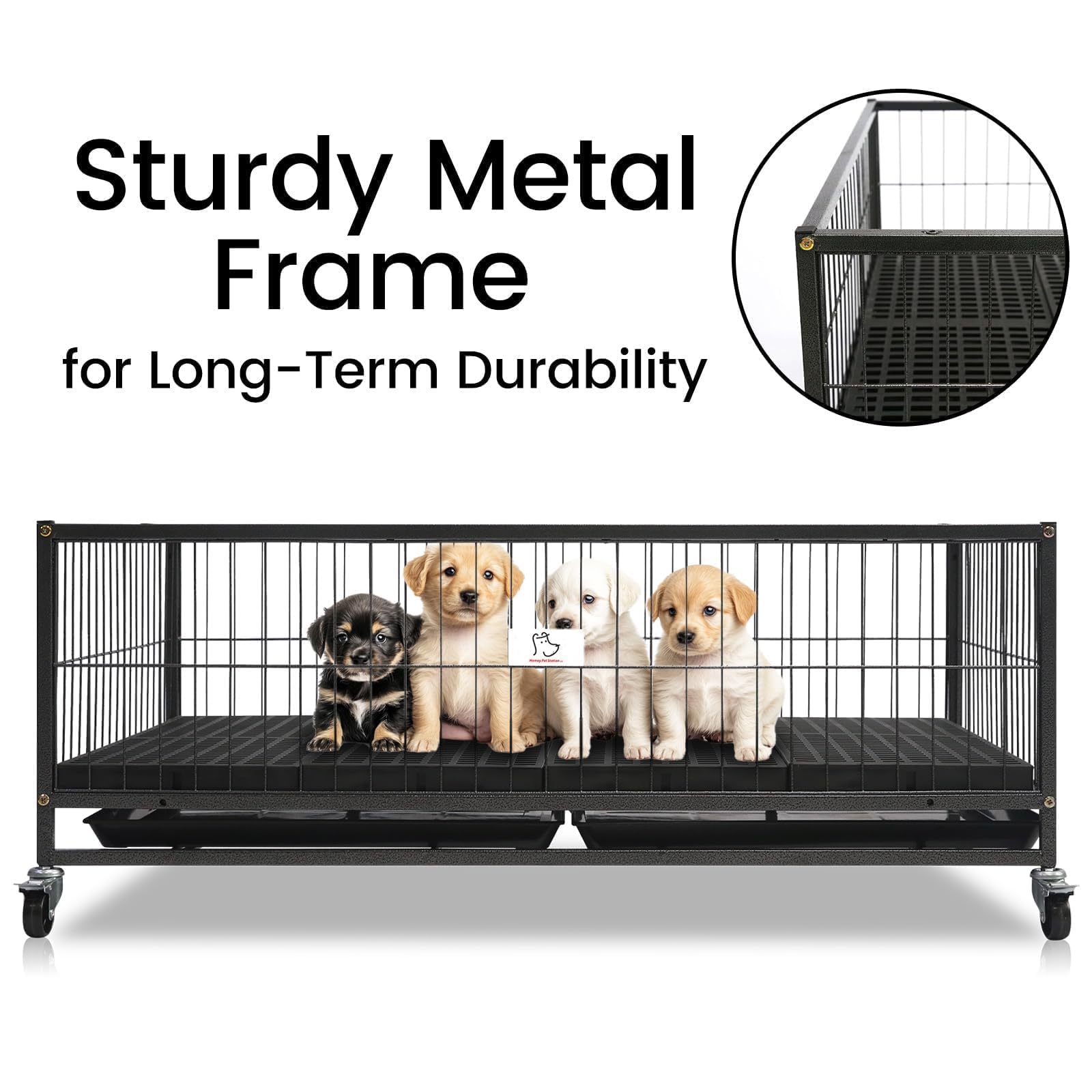 Homey Pet whelping box with wheels shown in use for easy room-to-room movement.