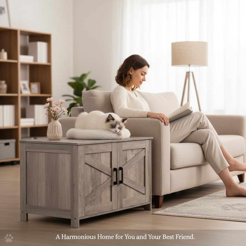Homhedy barn-door cabinet doors allow easy scooping access