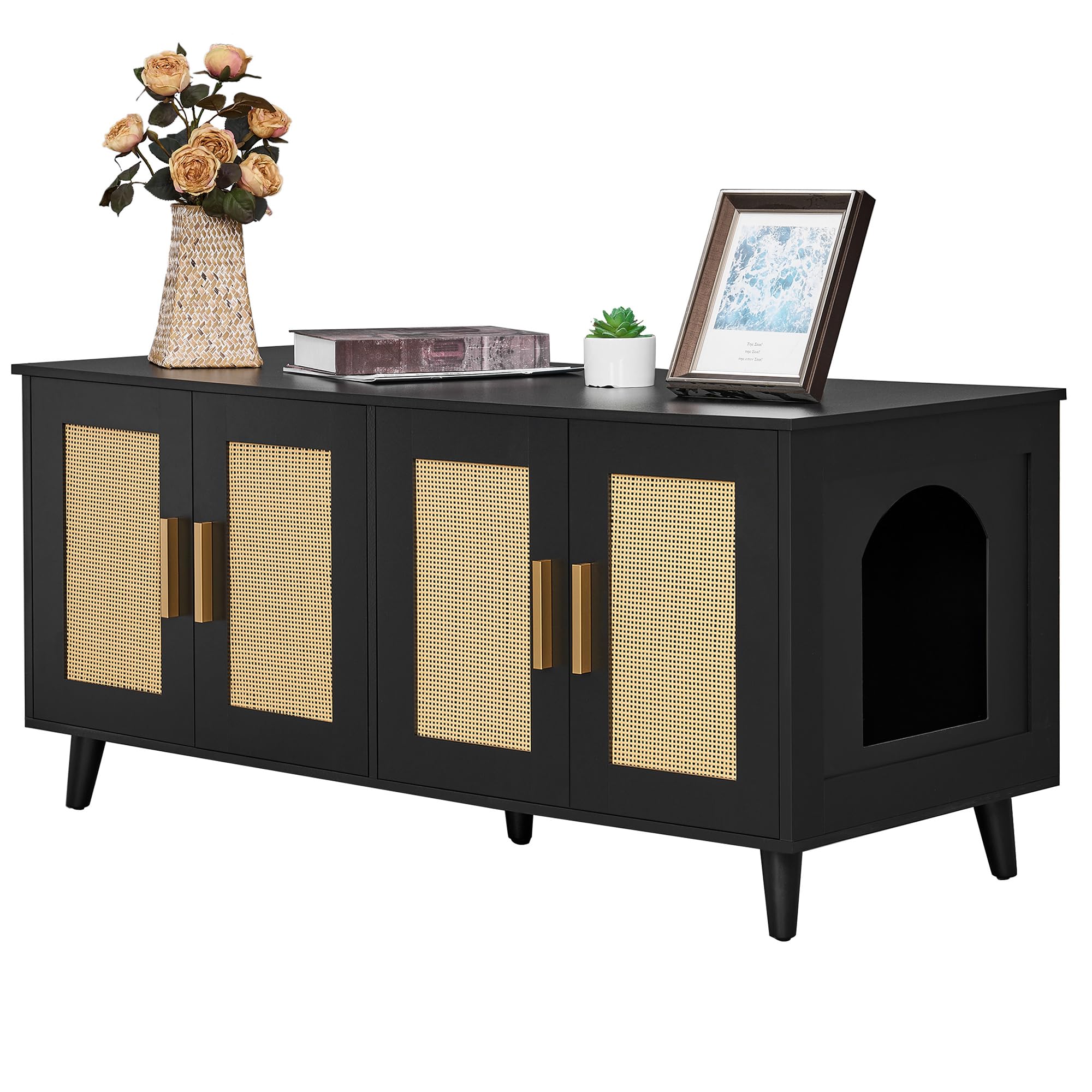 Homhedy Boho Cat Litter Box Enclosure front view with dual doors for discreet litter access.