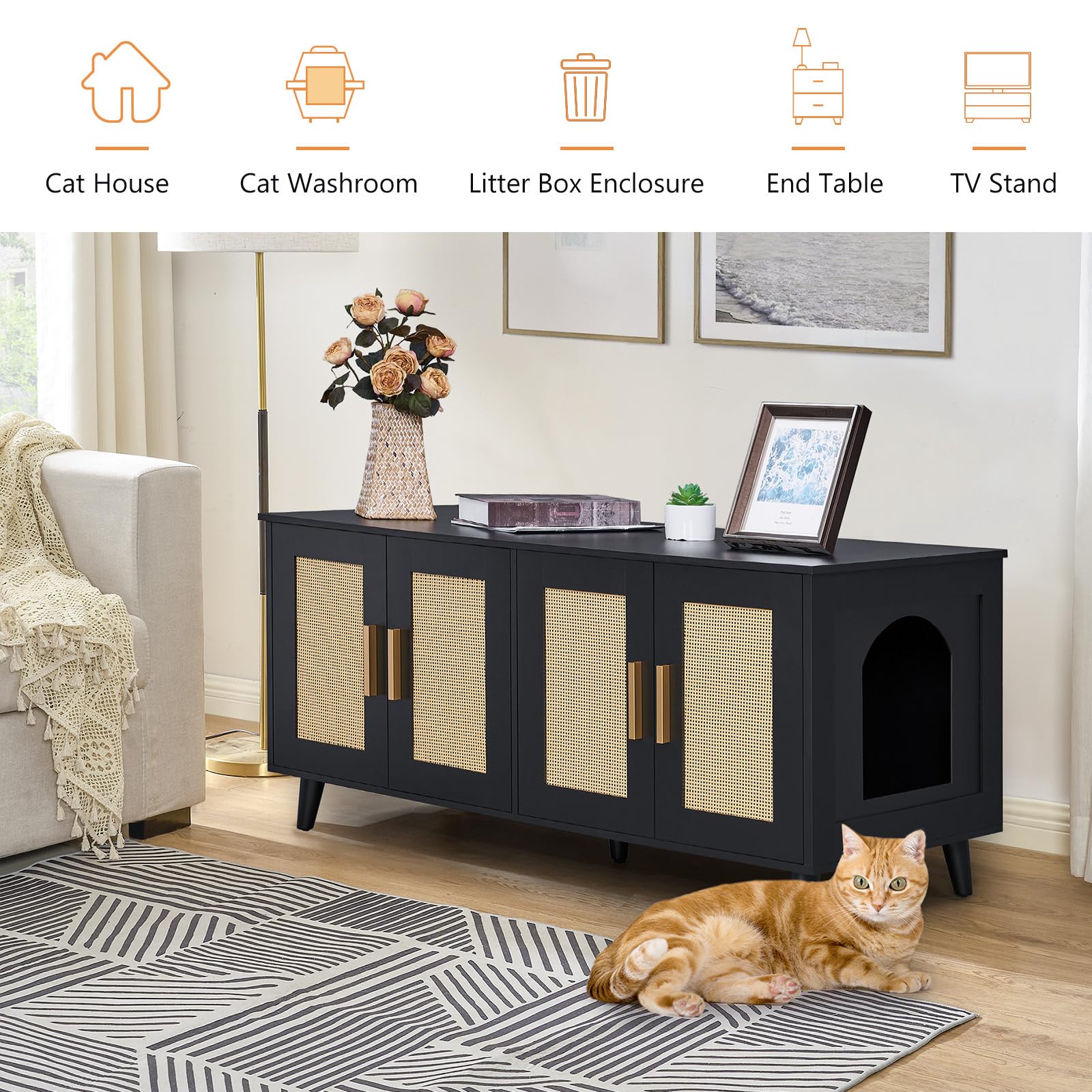 Homhedy Boho cat enclosure used as end table to enhance living room aesthetics.