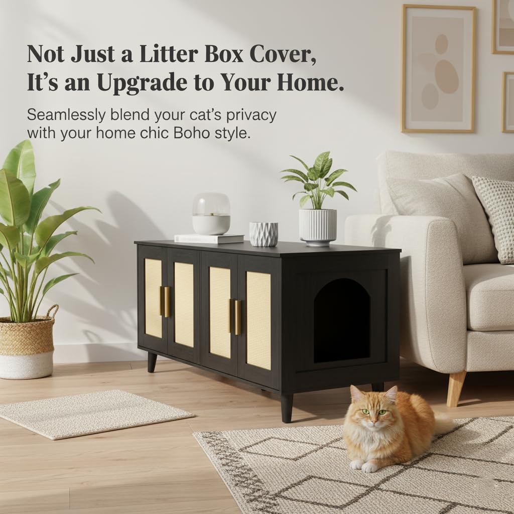 Homhedy Boho cat litter enclosure wood-grain finish with easy-to-clean surface.