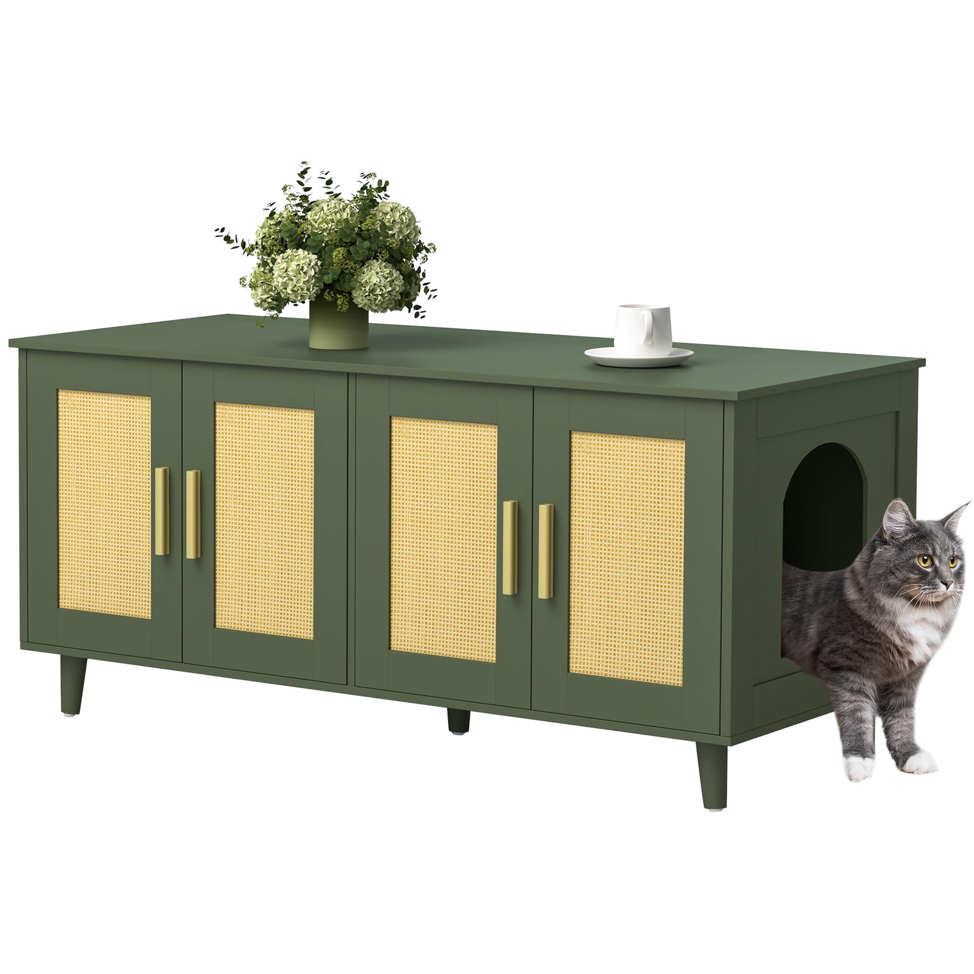 Homhedy boho cat litter enclosure with double doors and rattan detail for tidy two-cat use