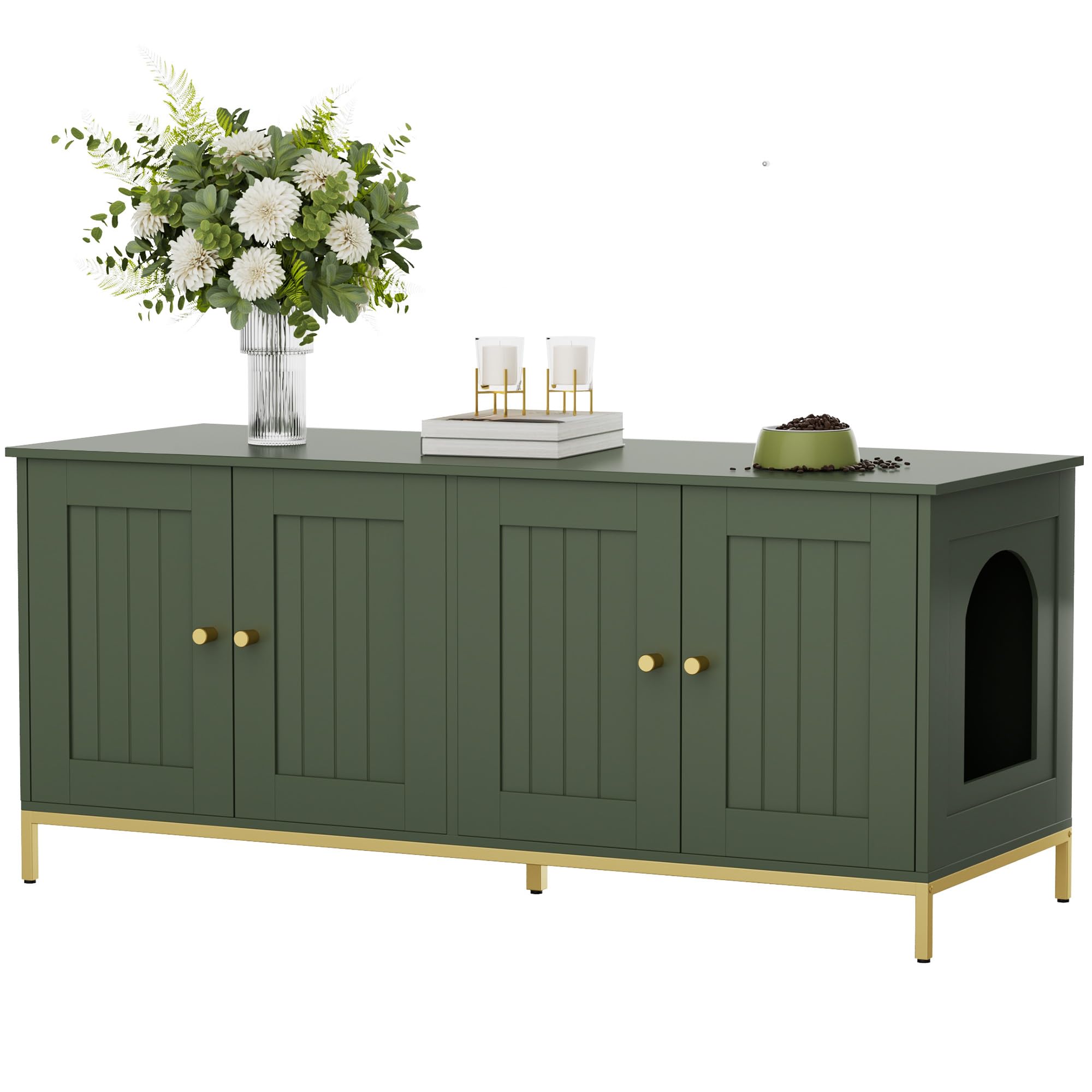 Homhedy cat litter box enclosure front view with double room and green-gold finish, hides litter neatly.