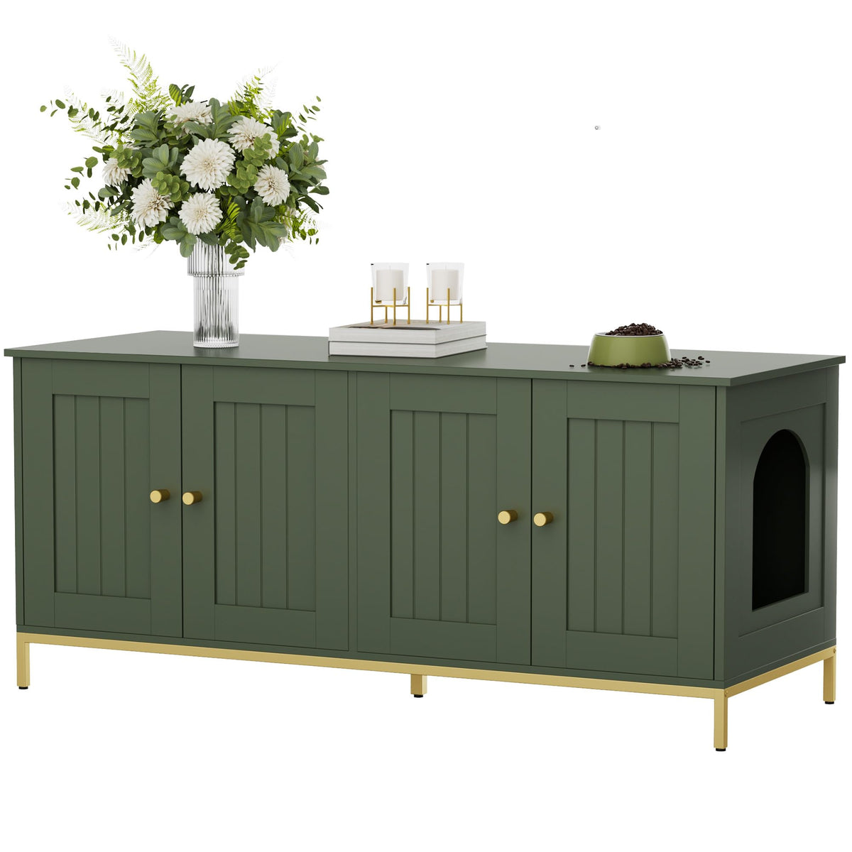 Homhedy cat litter box enclosure front view with double room and green-gold finish, hides litter neatly.