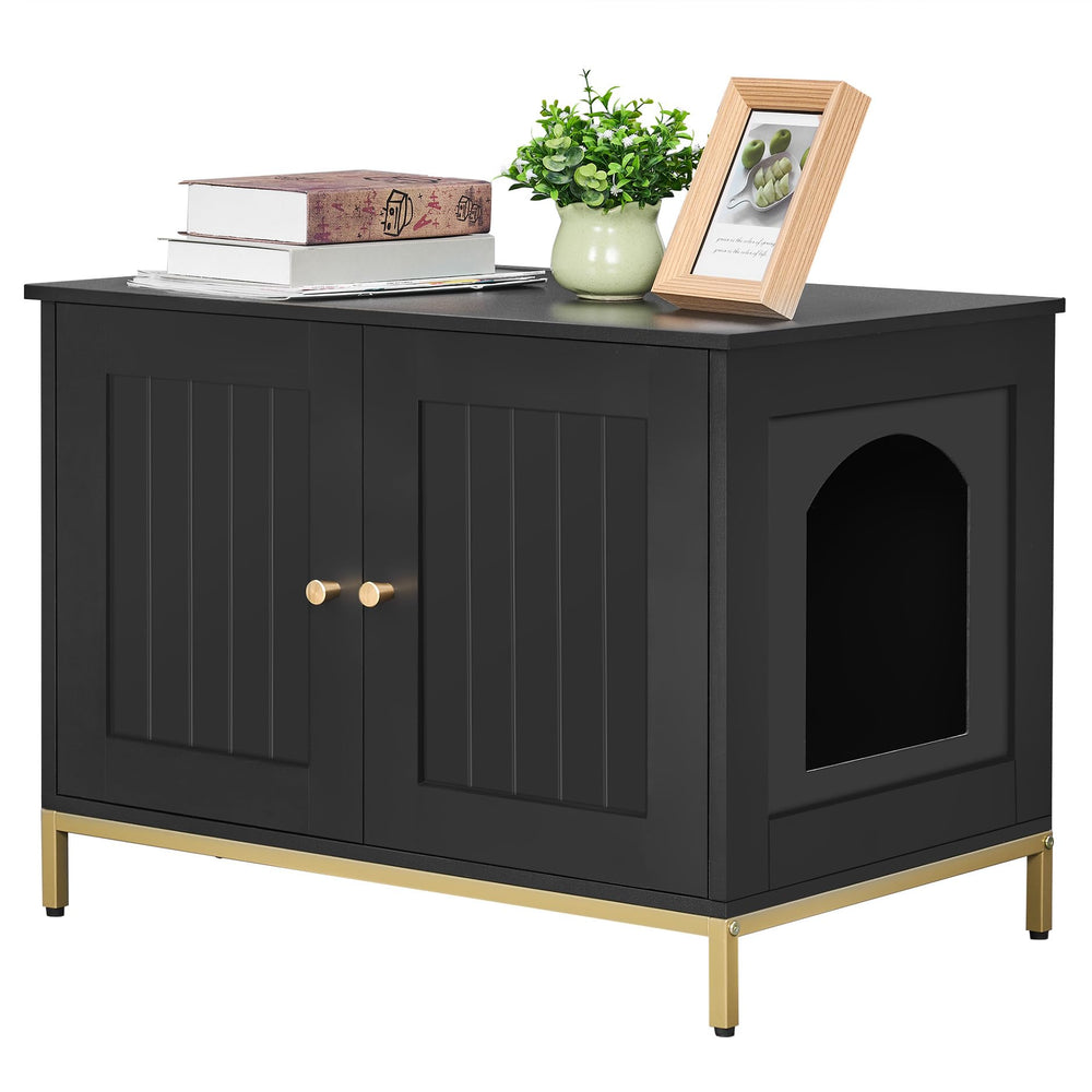 Homhedy cat litter box enclosure front view shows sleek black and gold privacy