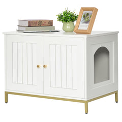 Homhedy cat litter box enclosure front view in white and gold, elegant concealment.