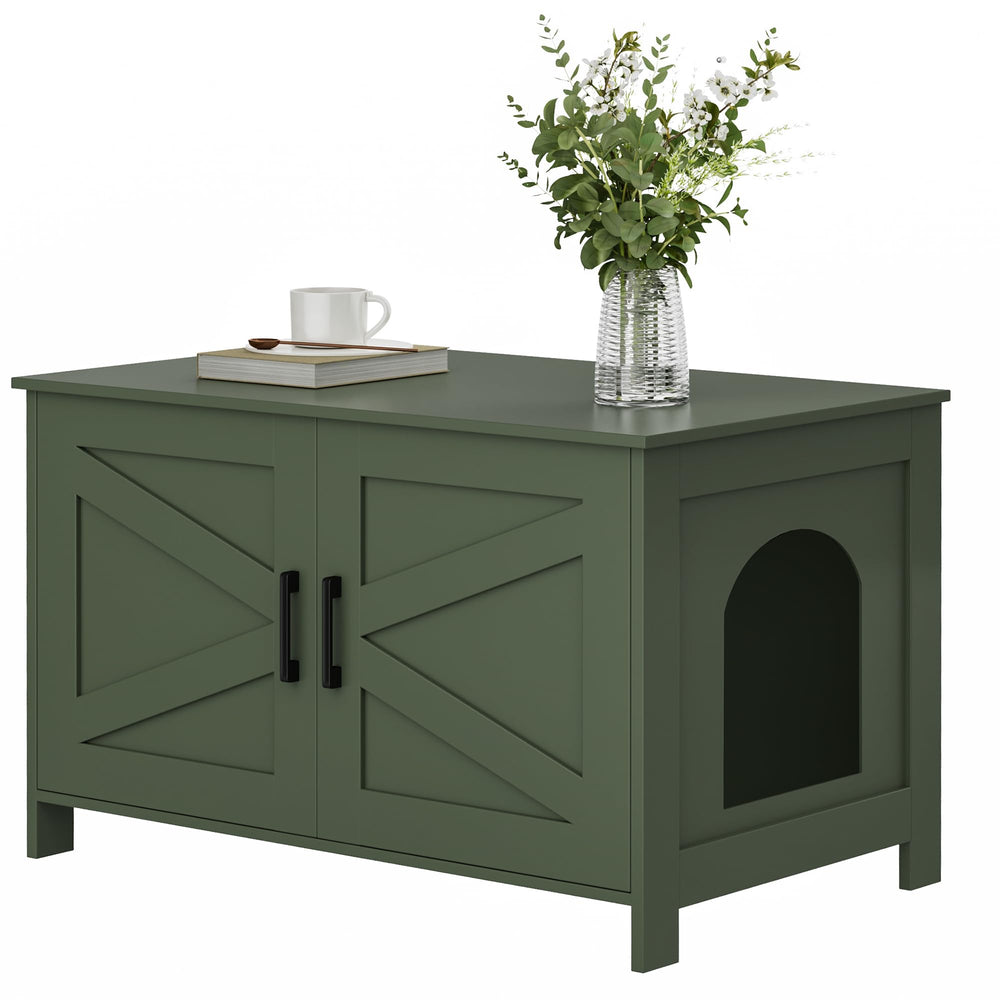 Homhedy cat litter box enclosure front view shows discreet green cabinet for tidy space