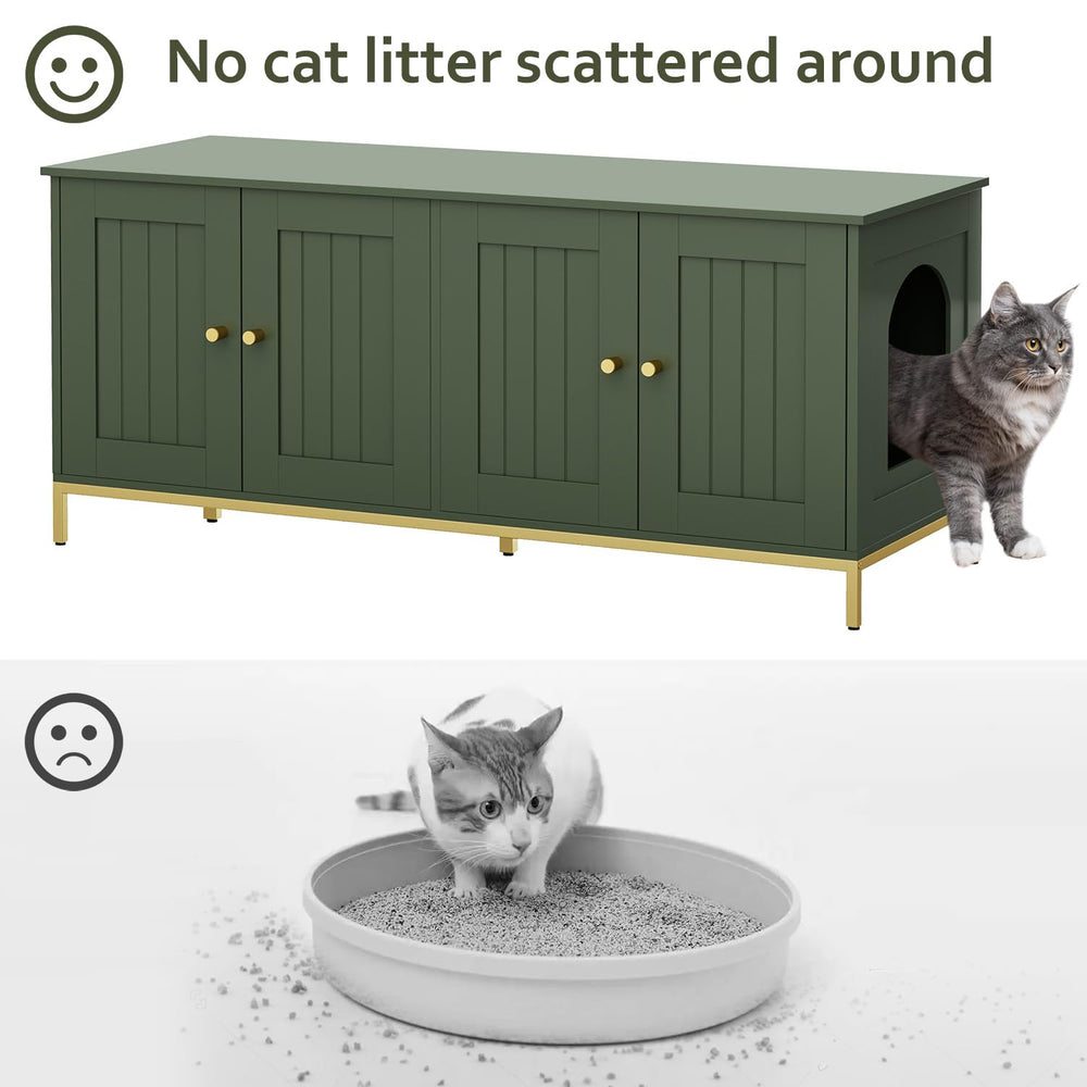 Homhedy cat litter box enclosure with green-gold frame adds stylish, modern decor.
